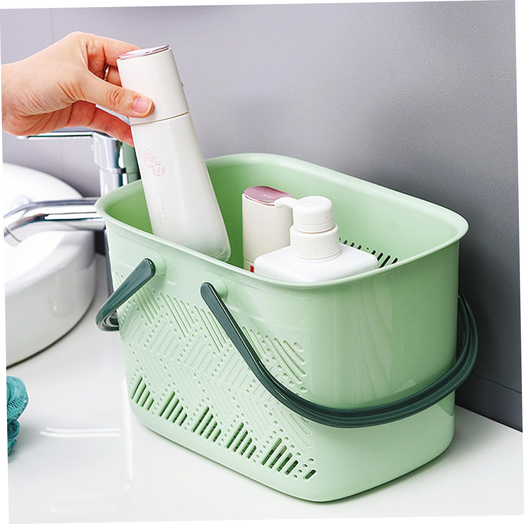 Cesta de ducha portátil de drenaje de plástico antideslizante con mango de boca abierta dormitorio para baño cocina 11 x 7,1 x 6,1 pulgadas cesta de ducha de plástico para baño dormitorio