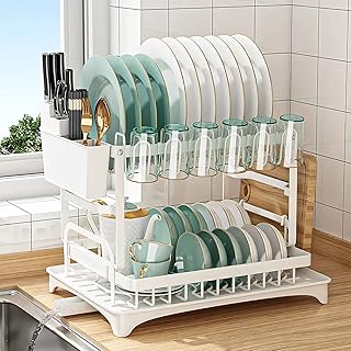 2 Tier Dish Drying Rack, White Dish Drainer Rack with Drip Tray, Stainless Steel Dish Rack Drainer, Draining Rack with Cup, Utensil and Cutting Board Holder, Sink Drainer Rack for Kitchen Countertop