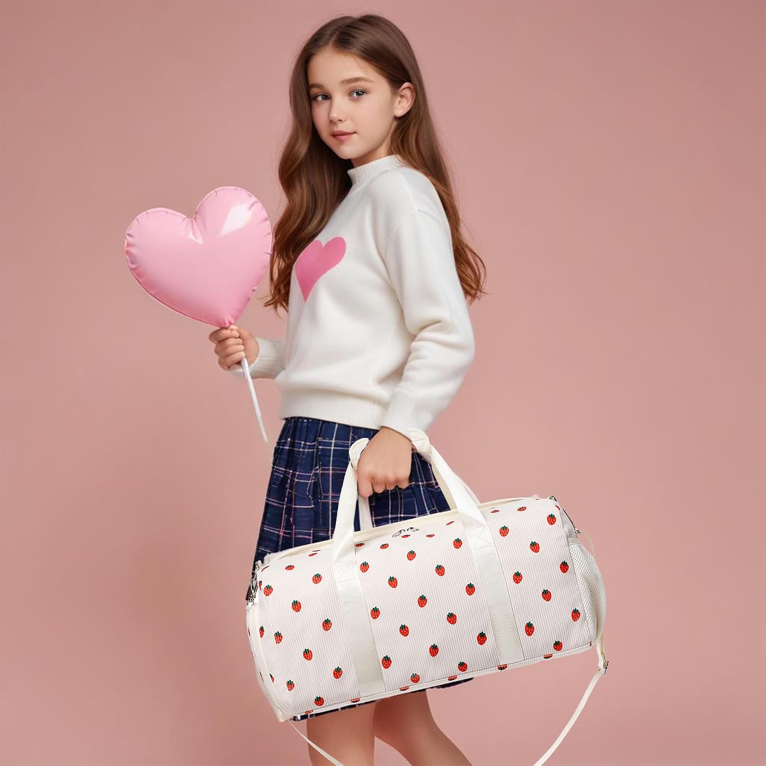 Jumpopack Dance Bag Girls Duffle Bag Gymnastics Bags for Girls Overnight Sleepover Bags with Shoe Compartment and Wet Pocket,Strawberry Shape Corduroy