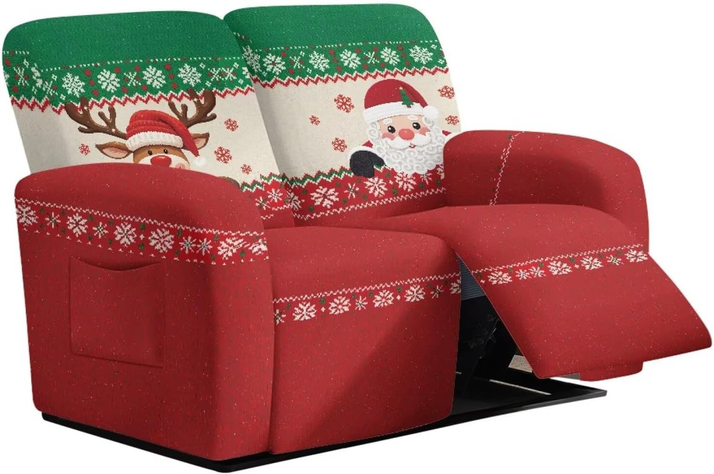 Christmas Dog Recliner Loveseat Cover, 2 Seater Reclining Sofa Slipcover, Washable Non-Slip Furniture Cover with Side Pockets and Elastic Bottom