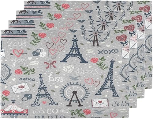 Juego de 4 manteles individuales clásicos con temática de París, lavables, impermeables, para fiestas, hogar, comedor, decoración de mesa de 18 x 12