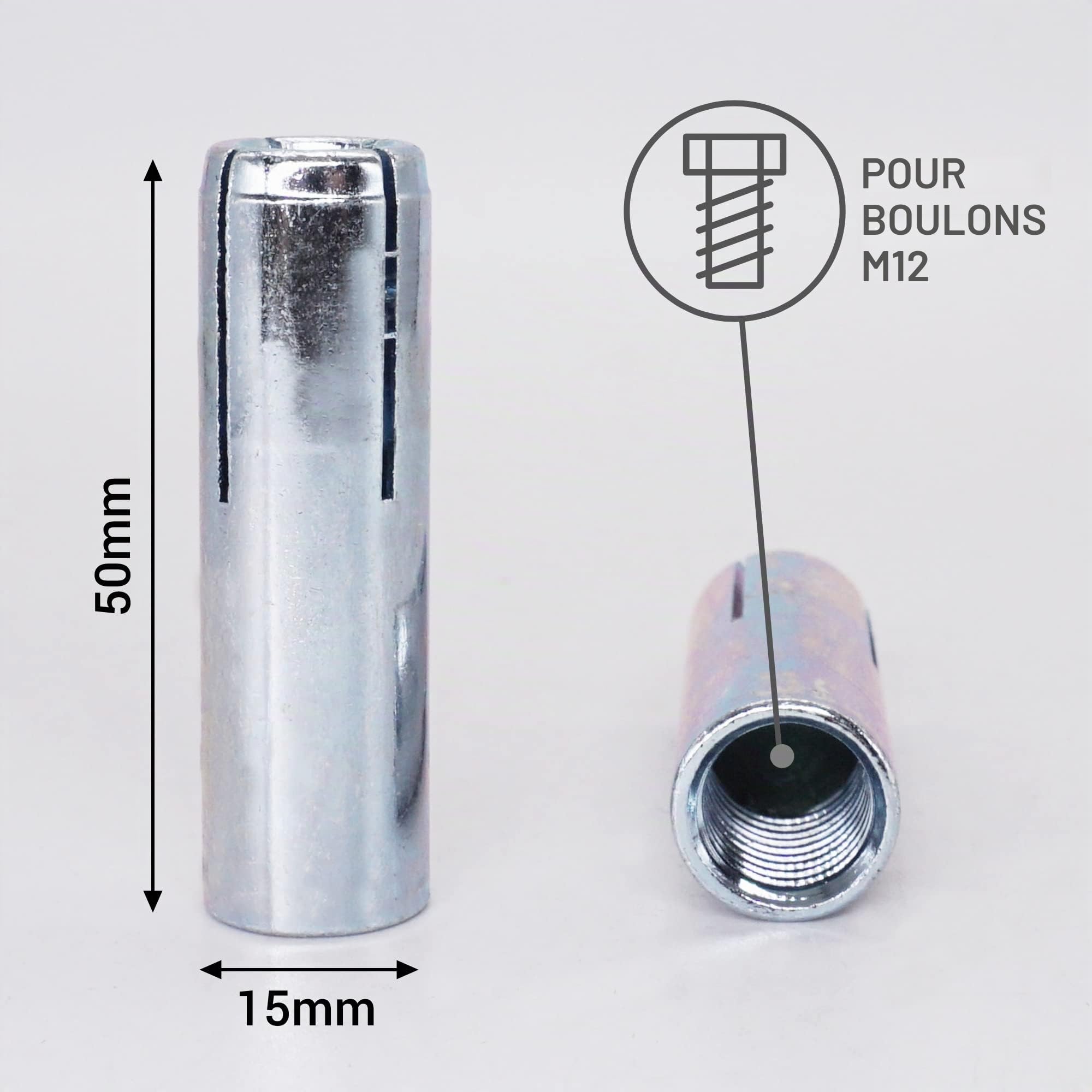 SKIR'CO Lot de 10 ancrages M12 x 50 mm, manchon de boulon d'expansion, chevilles murales, ancrage pour béton