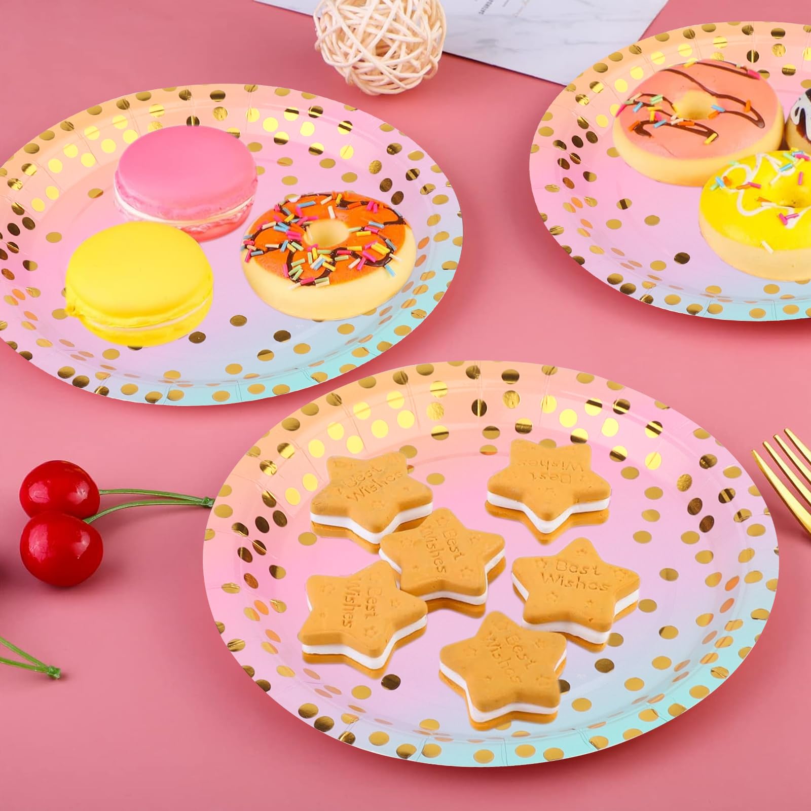 Platos De Papel Desechables Para Fiesta - 50 Unidades, 18 Cm, Colorido Con Puntos Dorados | Para Cumpleaños, Bodas, Picnics