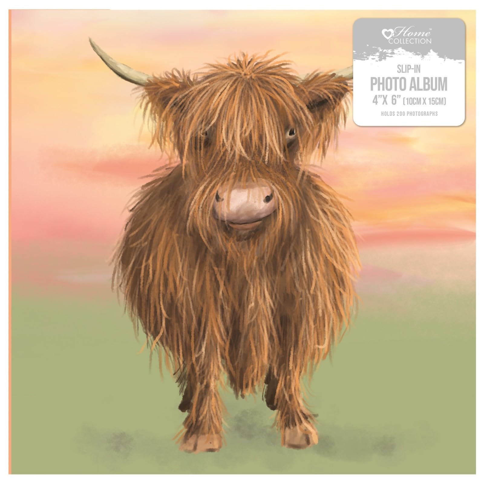 Highland Cow Photo Album 4x6 Slip-In – Holds 200 Photos – Padded Hard Cover 22.5cm Square Memory Book with Memo Writing Space – Cute Farm Animal Design Picture Storage Album Gift for Family Keepsakes