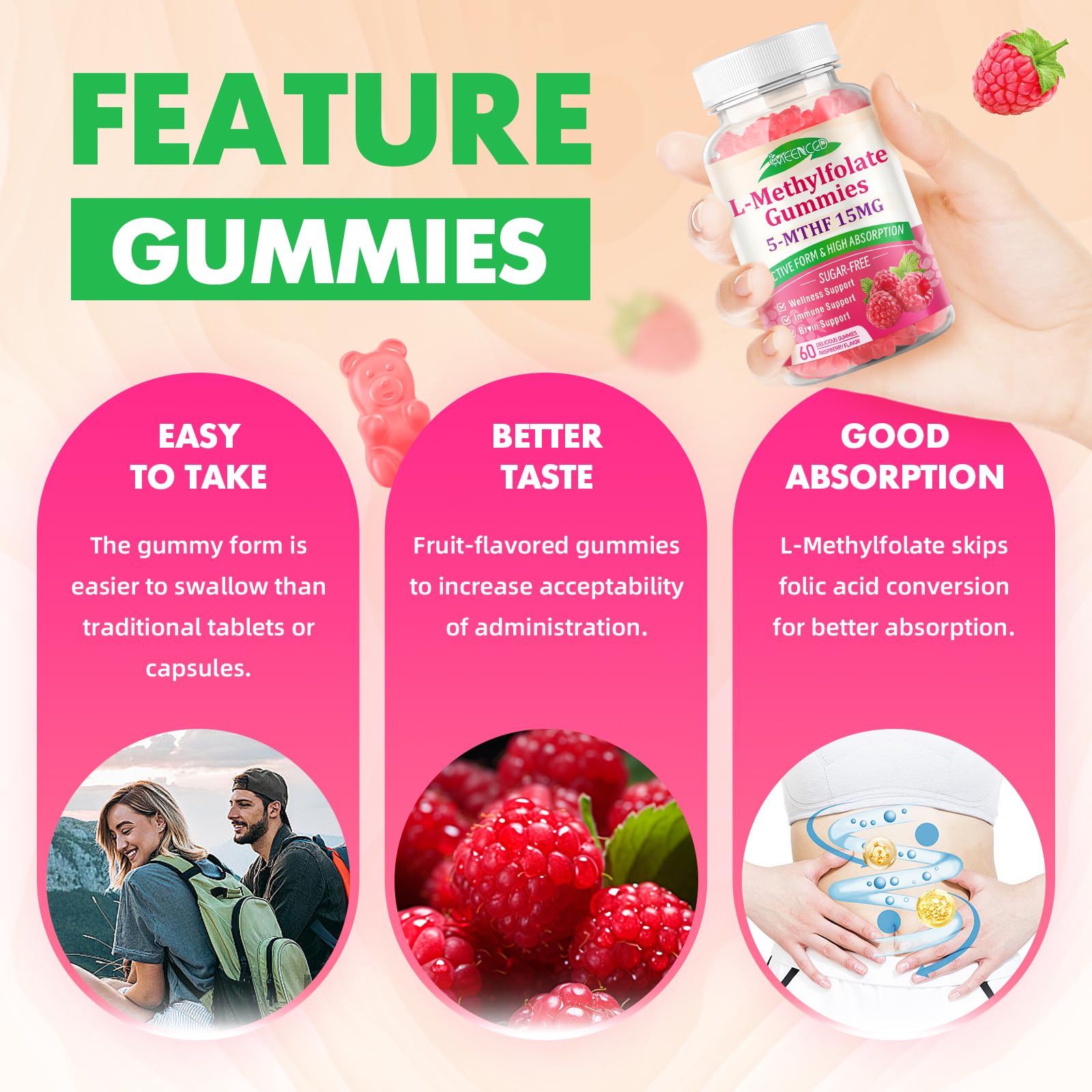 L-Methylfolate Gummies, Methylfolate Supplement, 5-MTHF Supplement - Active 5-MTHF - Supports Overall Wellness, Vegan, Raspberry Flavor, 60 Count — Amazon image 5
