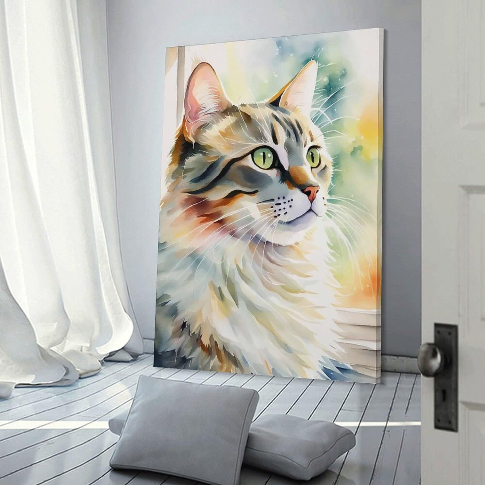 Junmoney Watercolor Cat Portrait Blissful Cat Whiskers Wall Picture Print 12x18inch(30x45cm), for Apartment Walls, Studios Or Work Areas, A Simple Refresh for Blank Walls