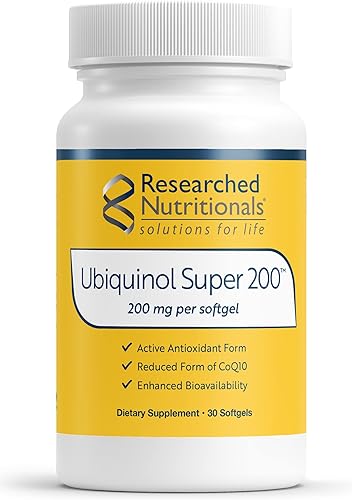 Researched Nutritionals Ubiquinol Super 200 - Absorción mejorada CoQ10 200mg cápsulas blandas - Suplemento antioxidante para apoyar la salud