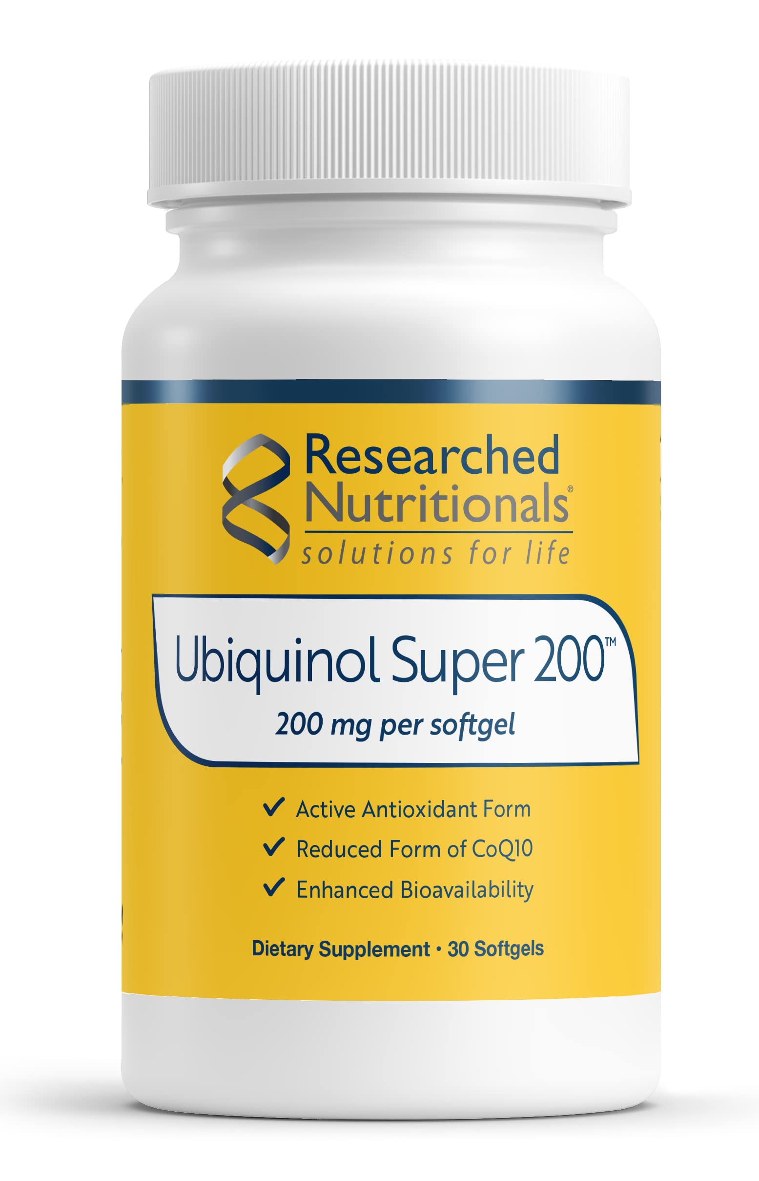 Researched Nutritionals Ubiquinol Super 200 - Enhanced Absorption CoQ10 200mg Softgels - Coenzyme Q10 Ubiquinol Form Antioxidants Supplement to Support Heart Health & Cellular Energy (30 Softgels)