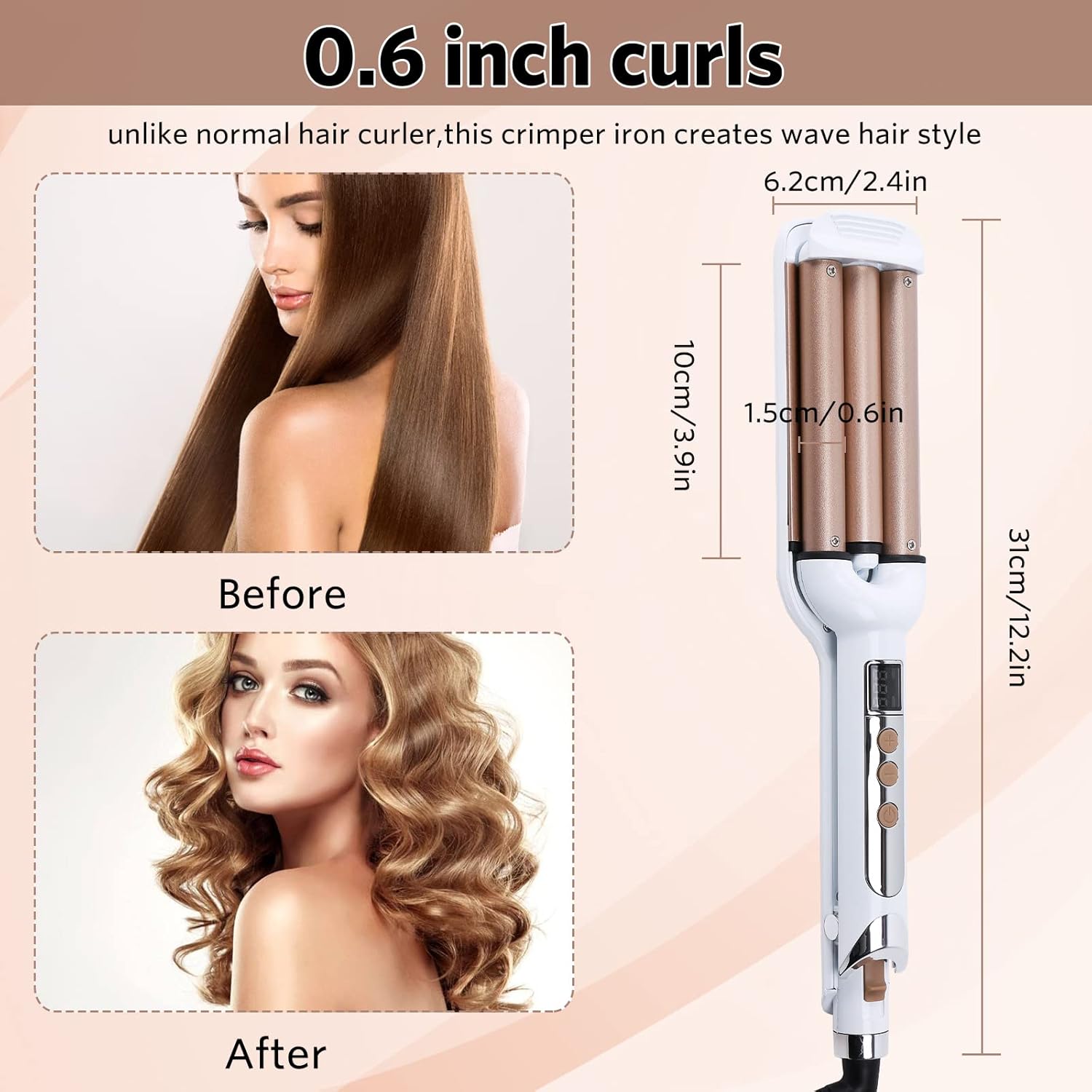 3 Barrel Hair Crimper Iron Professional Curling Wand 0.6 Inch Ceramic Fast Heating Crimping Iron for Deep Waves Valentines Gifts