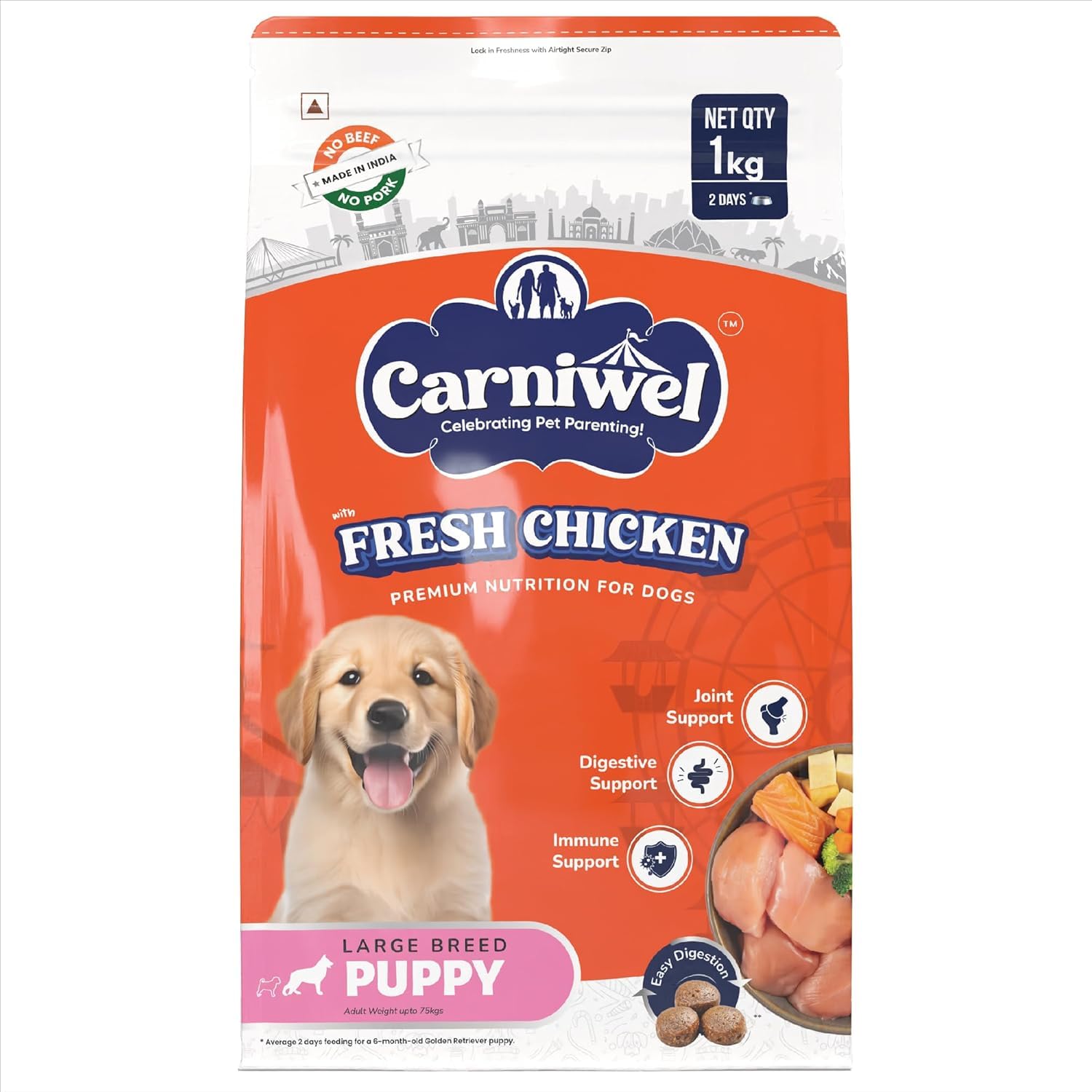 Carniwel Fresh Chicken Puppy Dry Dog Food 1kg | Natural Ingredients for Healthy Skin & Coat | Highly Palatable | Supports Brain & Muscle Development | Tailored, Premium Nutrition for Large Dogs