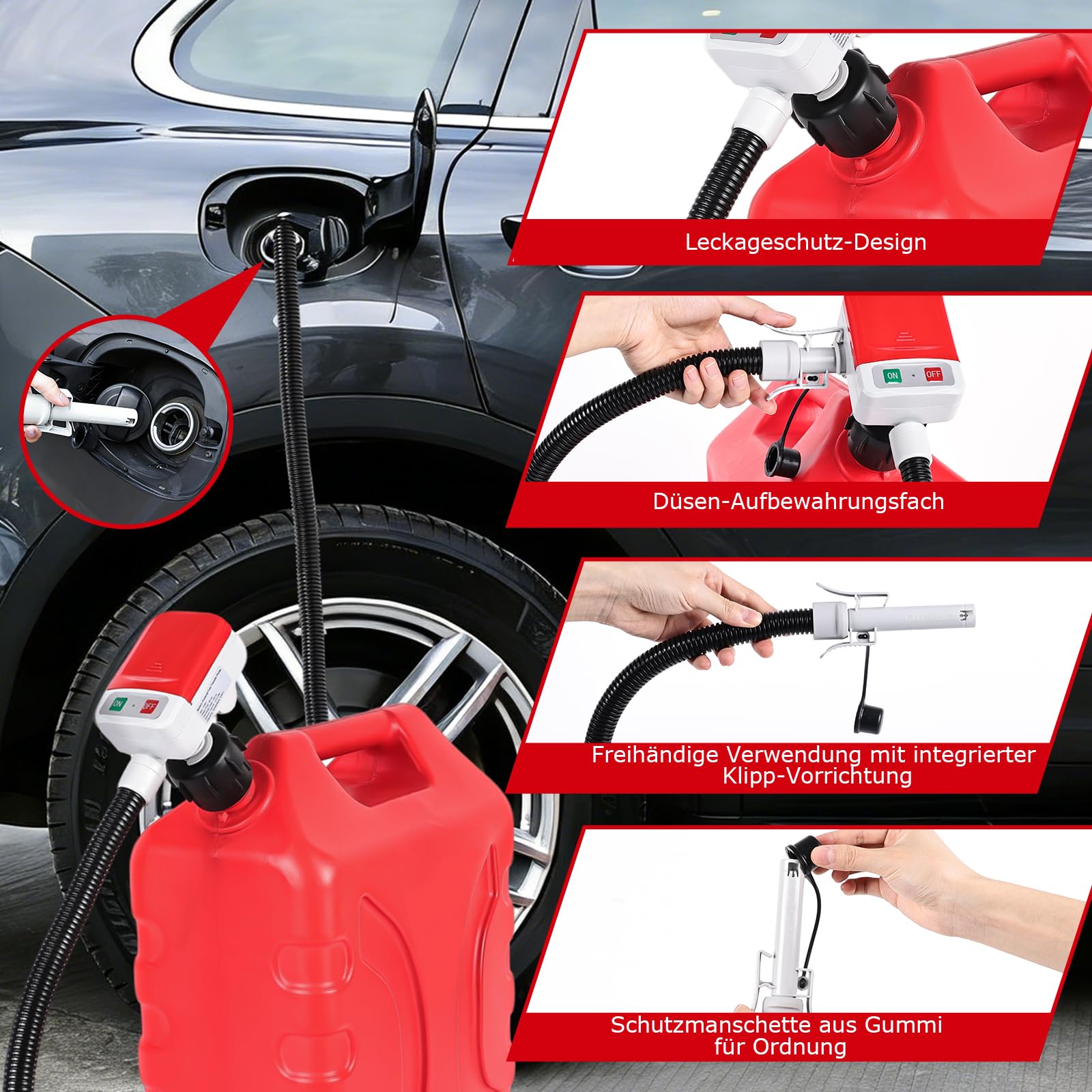 innhom Kraftstoffpumpe Elektrisch, Effiziente und sichere Benzinpumpe Für Kanister Kanisterpumpe mit Überlaufschutzsensor - mit 4 Größenadaptern Schlauch 2.8 GPM für Traktor Generator (Rot)