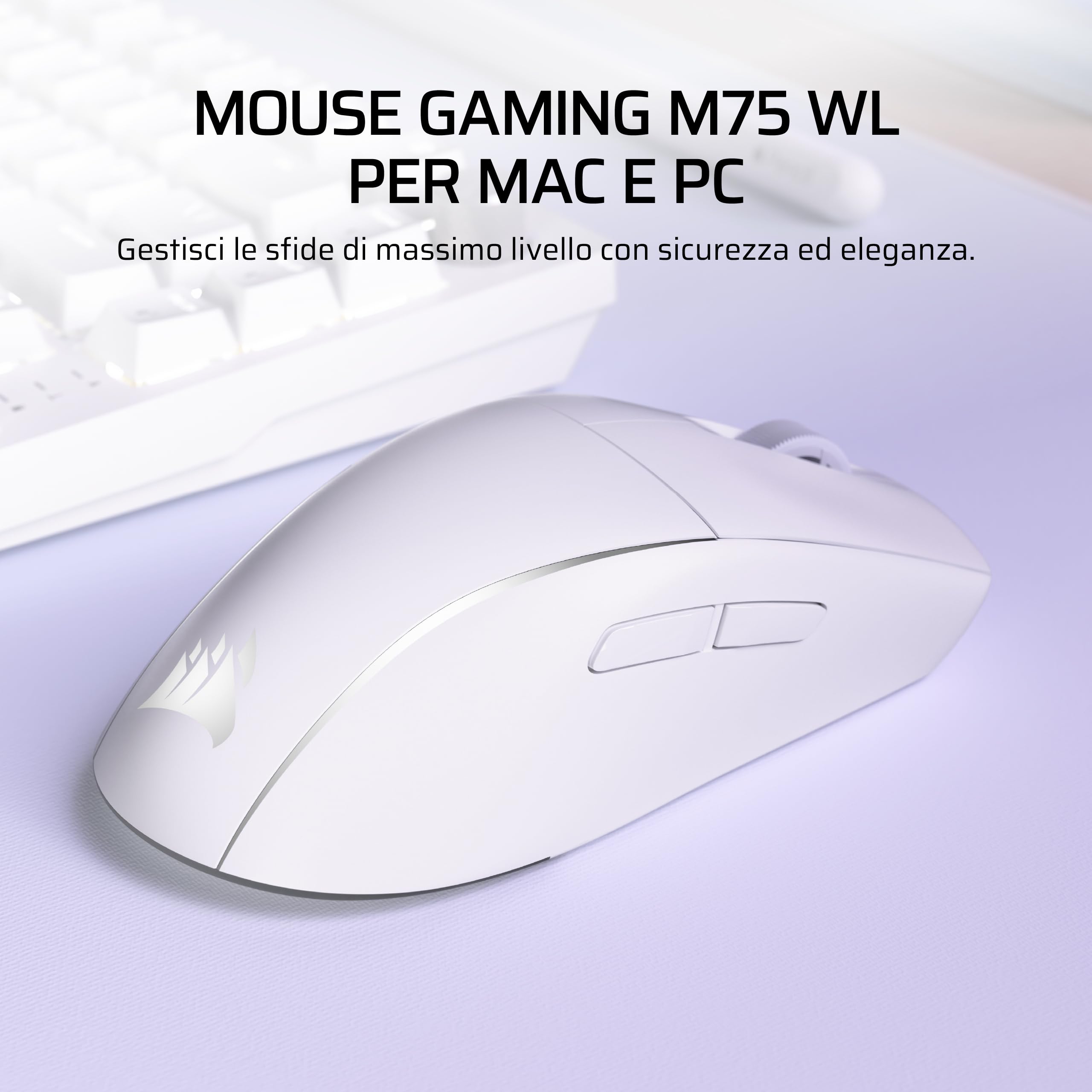 Corsair M75 WIRELESS RGB Mouse Gioco FPS Leggero Ambidestro – Bianco Brina | 26.000 DPI, Pulsanti Laterali Intercambiabili, 105 h Batteria, Mac, iPad, PC