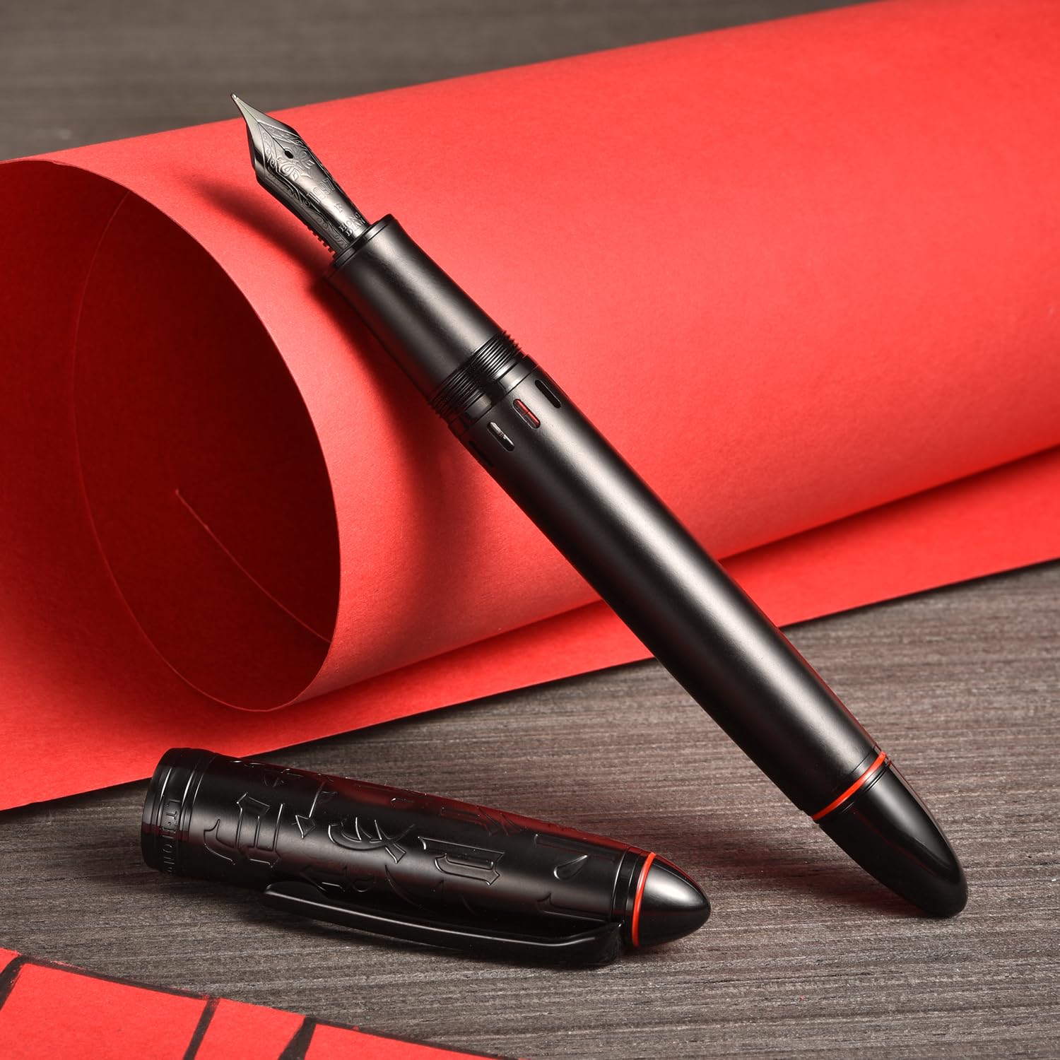 Hongdian N6 Stylo Plume à Piston en Résine en Métal Noir, Nib à lame longue noir, boîte en métal incluse