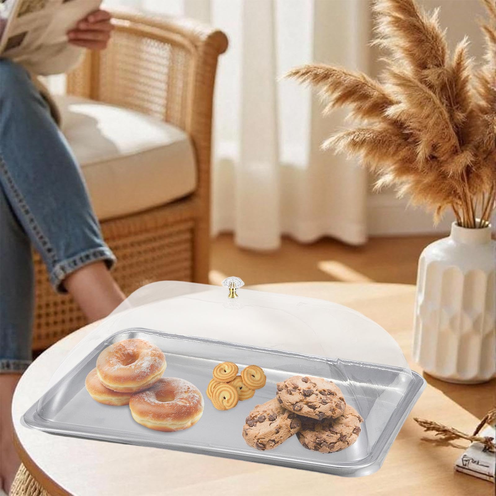Vassoio Da Portata in Acciaio Inox, Piatto per Torta con Coperchio Trasparente, Vassoio Multifunzionale per Dessert E Snack, Ideale per Feste, 45x35x2 Cm