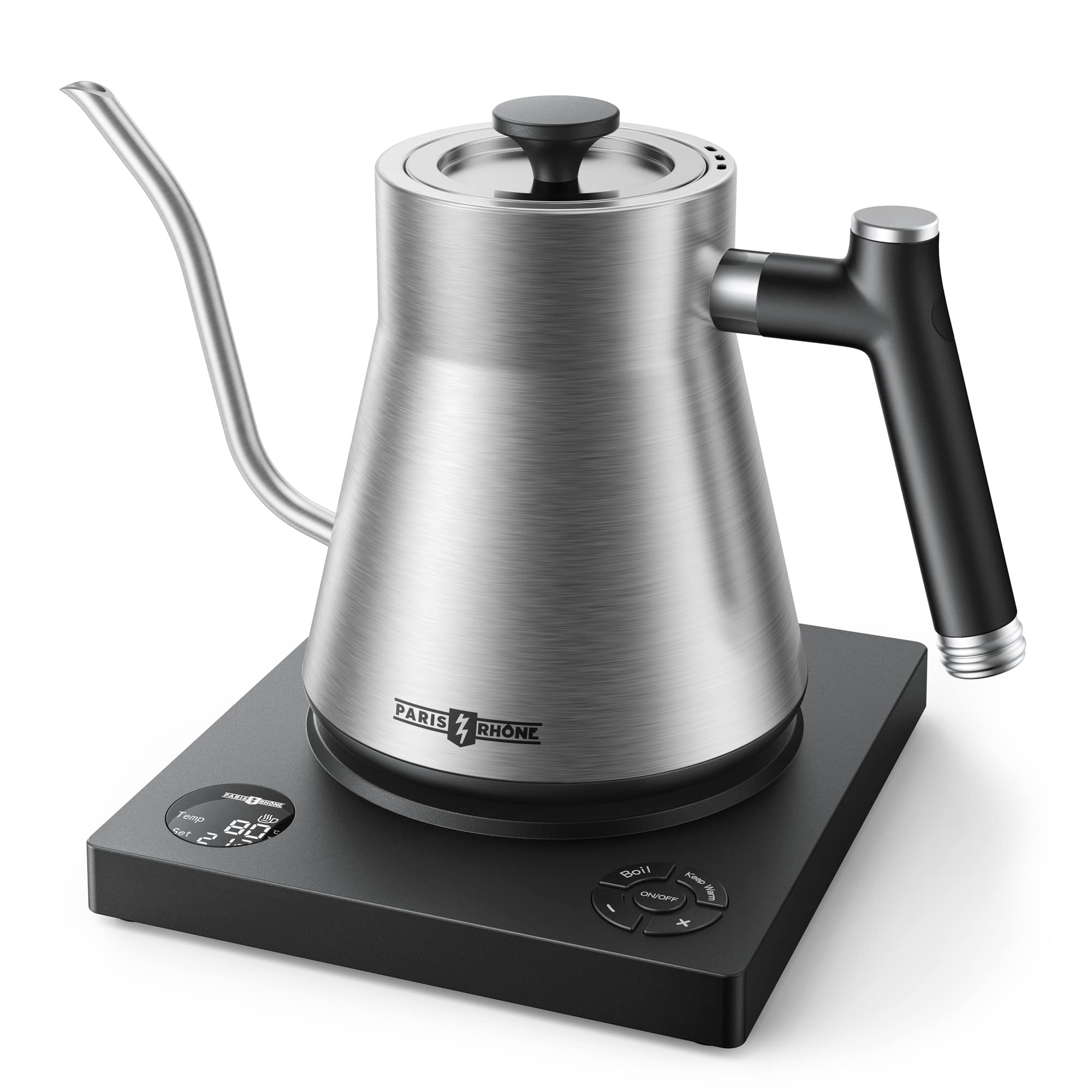 Paris Rhône Gooseneck Electric Kettle, Temperature Variable Tea Kettle for Coffee Tea Brewing, 1L Stainless Steel Electric Kettle, 2H Keep Warm, Built-in Stopwatch,Silvery