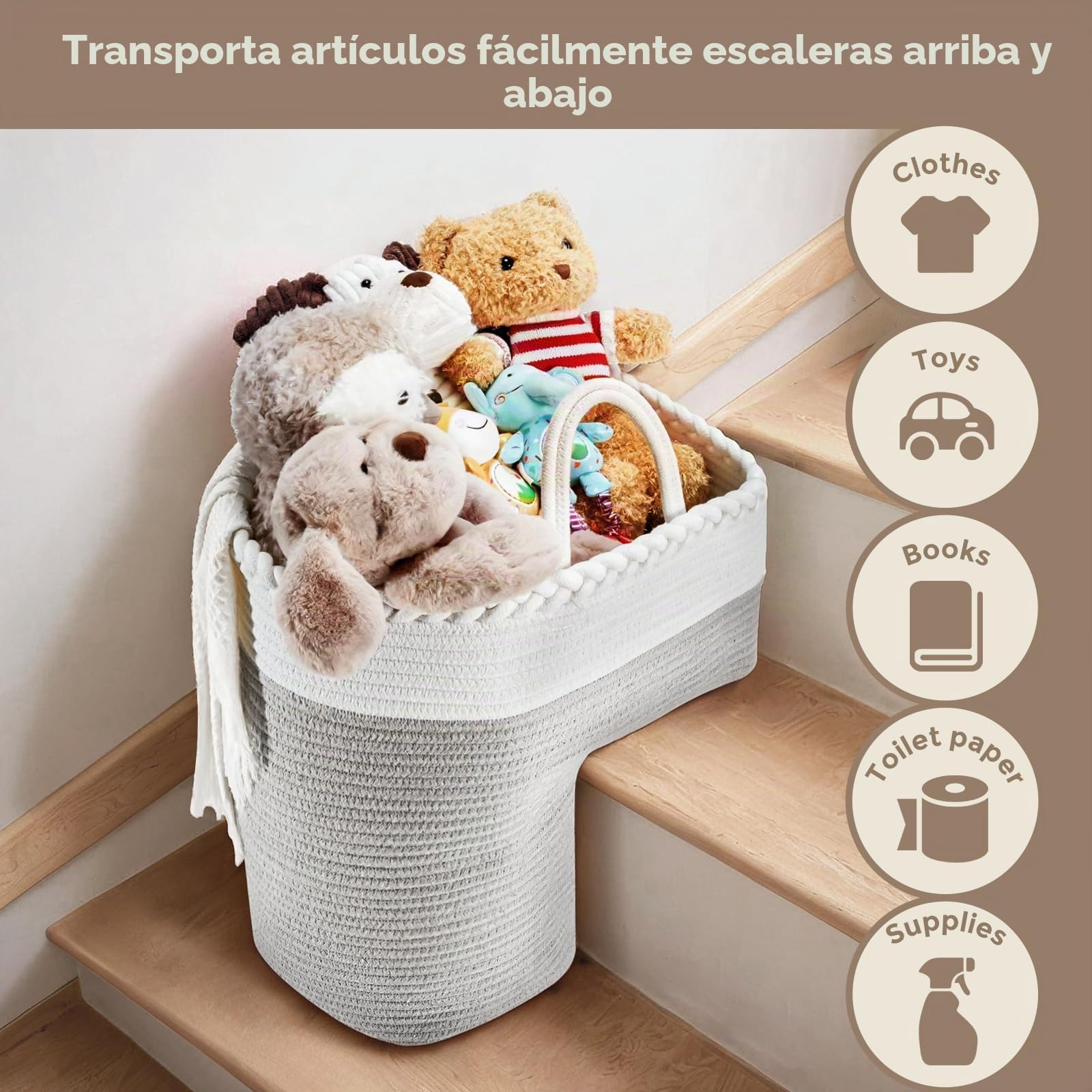 Puricon Cestas de Escalera, Cesta Plegable de Algodón de Almacenamiento con Asa Organizador de Escalera en Forma de L -Gris