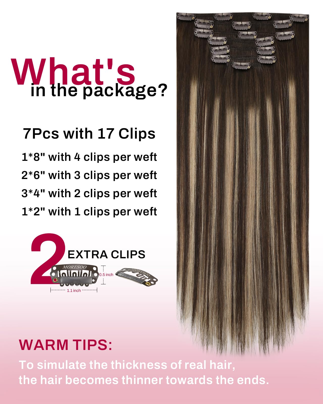 Moresoo Clip in Hair Extensions Real Human Hair Balayage Medium Brown and Blonde Real Hair Extensions Clip in Human Hair for Women Full Head 22 Inch 7pcs/120g #4/6/613 — view 218