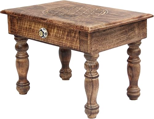 Miniatura 14 de DharmaObjects Mesa de meditación de altar de altar de oración tallada a mano de madera maciza de mango (Yin Yang) grande Yin Yang,lotus