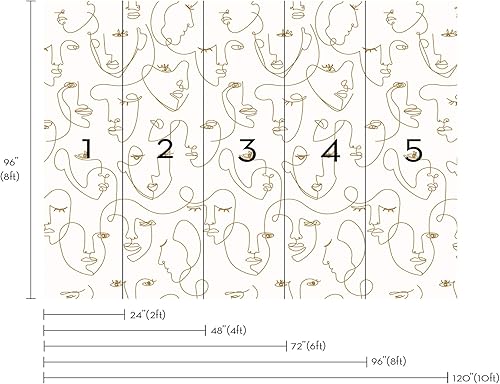 Miniatura 6 de Simple Shapes Mural de arte minimalista de línea facial (6 hojas (2 x 9 pies), dorado)