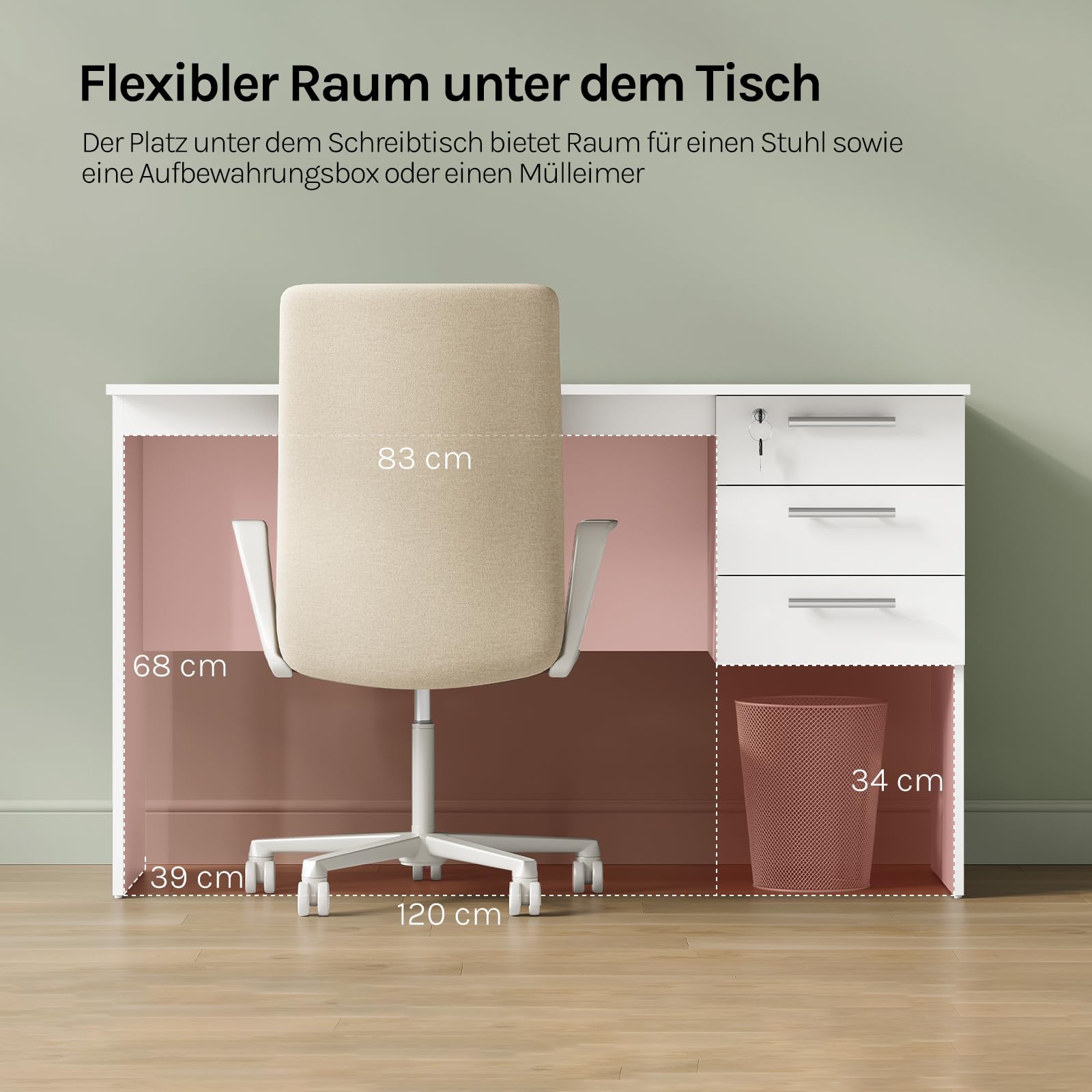 WOLTU Schreibtisch mit 3 Schubladen, Computertisch Weiß, 120x60x75 cm | Geeignet für Kinder und Erwachsene, Computer und Büroarbeit, für Homeoffice Arbeitszimmer, Schlafzimmer und Wohnzimmer