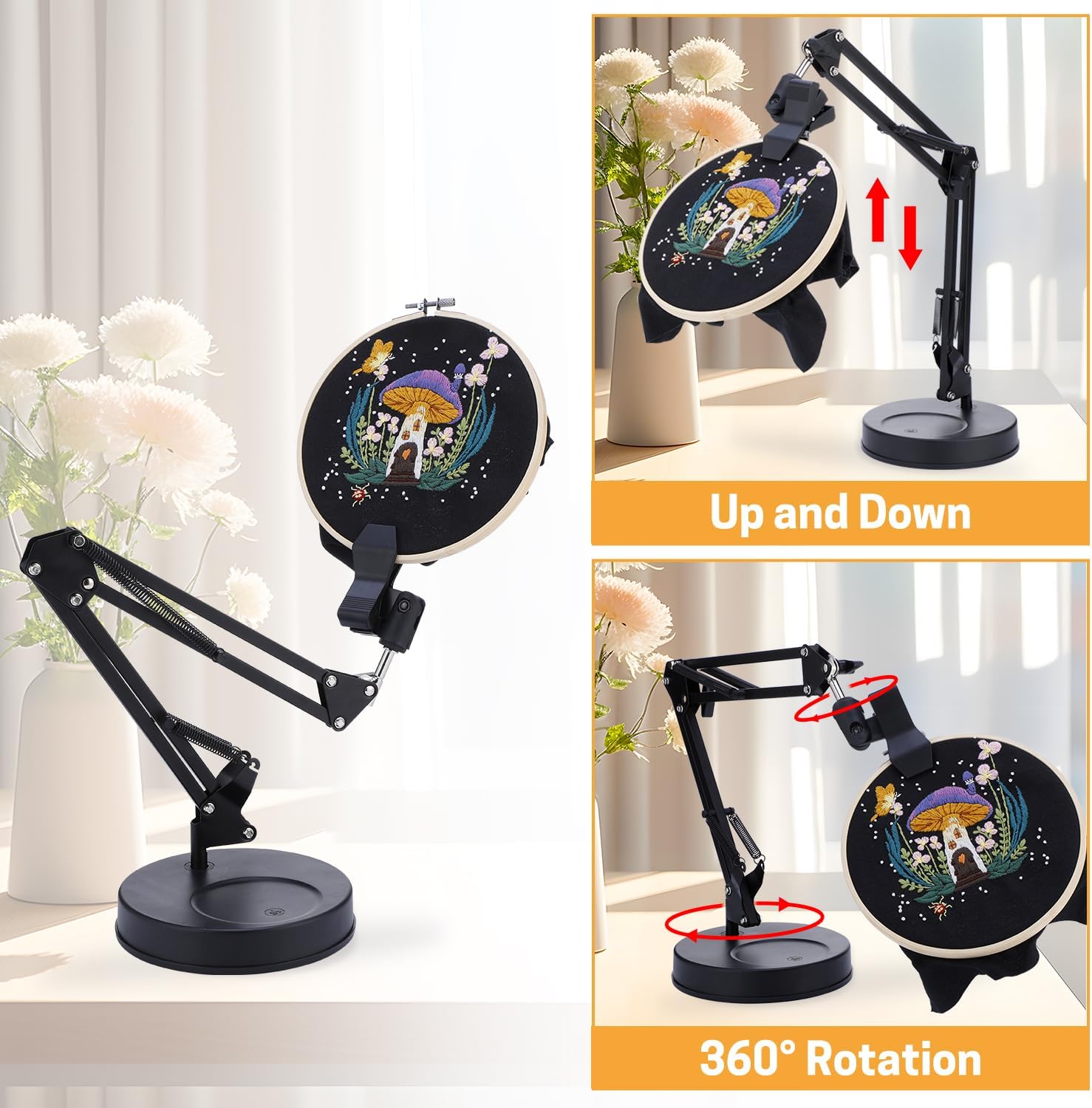 BERYA Embroidery Hoop Stand, Adjustable Embroidery Hoop Holder, Folding Metal Embroidery Stand, 360 Rotated Cross Stitch Stand Suitable for Embroidery Hoops, Phone Holder Black