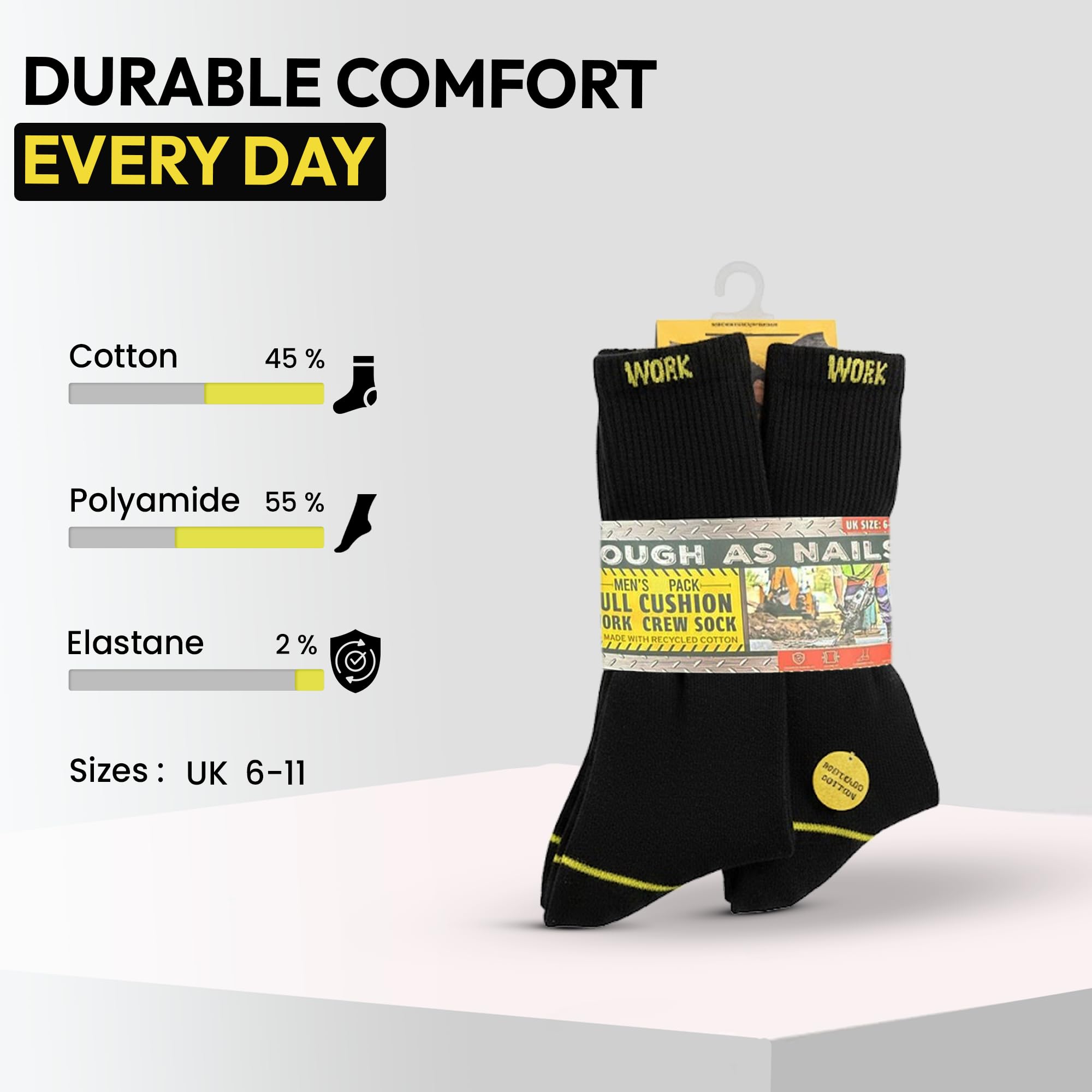 Lot de 20 paires de chaussettes de travail respirantes et résistantes pour homme - Coupe extensible - Talon et orteils renforcés - Pour l'extérieur, la randonnée, la marche, l'athlétisme, Noir , 18