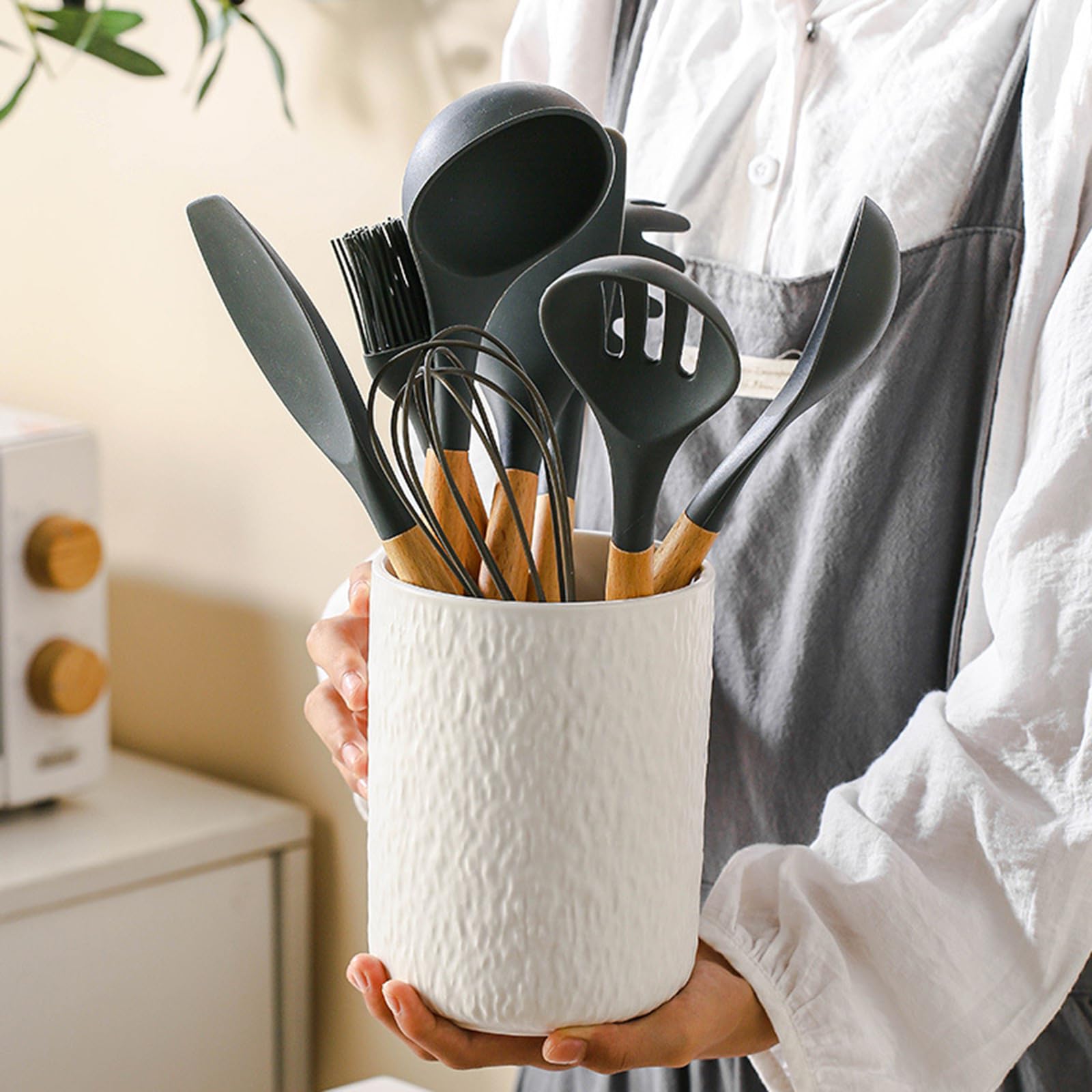 Dekorativer Keramik Utensilienhalter, 16, 5 x 11, 9 cm, Steinstruktur, Thekenglas für Herd, seitliches Kochwerkzeug, Zugriff auf Ordnung, Utensilienbehälter, Küchenwerkzeug, Topf, oben offen, Spatel,