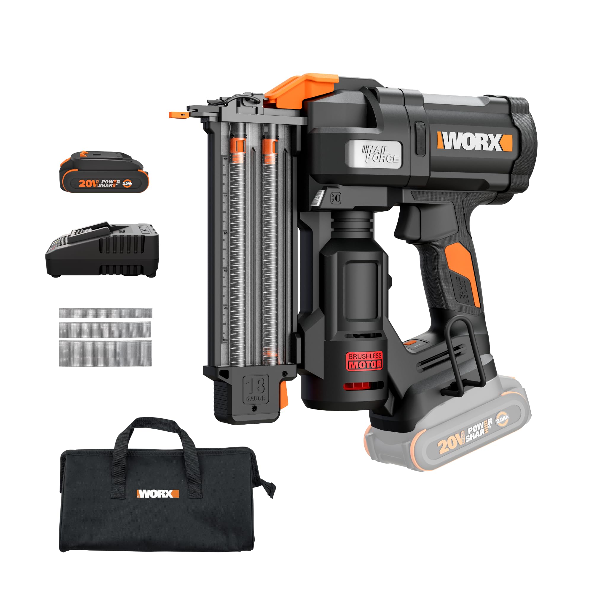 Photo 1 of WORX Brad Nailer Cordless, 20V 18 ga Brushless Nail Gun Cordless, High Driving Power, Up to 2-?" into Hardwood, Narrow Nose, 3 LEDs, 3000 Nails & 20V 2.0 Ah Battery and Charger Included, PowerShare