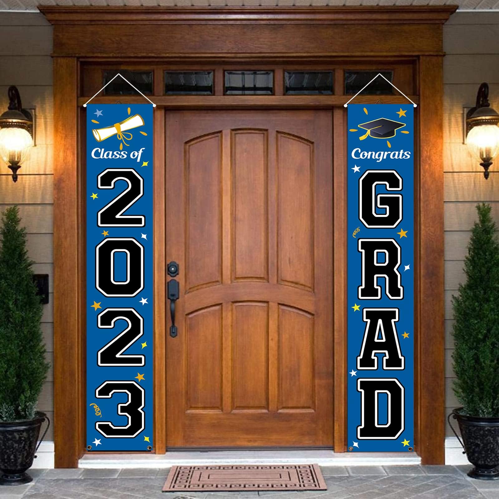 KMUYSL Graduation Decorations Class of 2024, Graduation Party Decorations 2024, Blue & Black Congrats Grad Banner Hanging Flags Porch Sign for Any School Indoor/Outdoor Decor