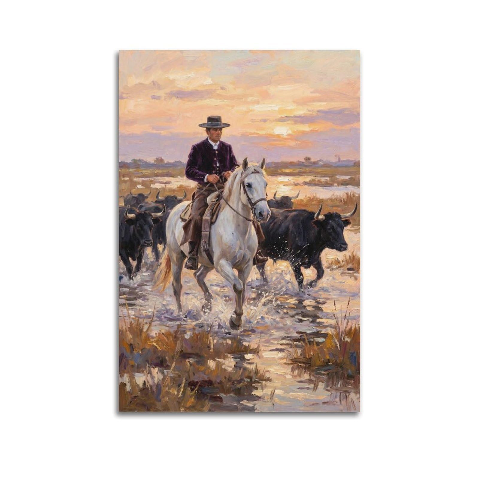 XKUGA Rodeo Cowboy Horseback Riding Poster Cattle Drive Western Ranch Modern Decorative Canvas Prints - Ideal Wall Art for Family, Man Cave, Game Room, Boys & Girls Bedroom 24x36inch(60x90cm)