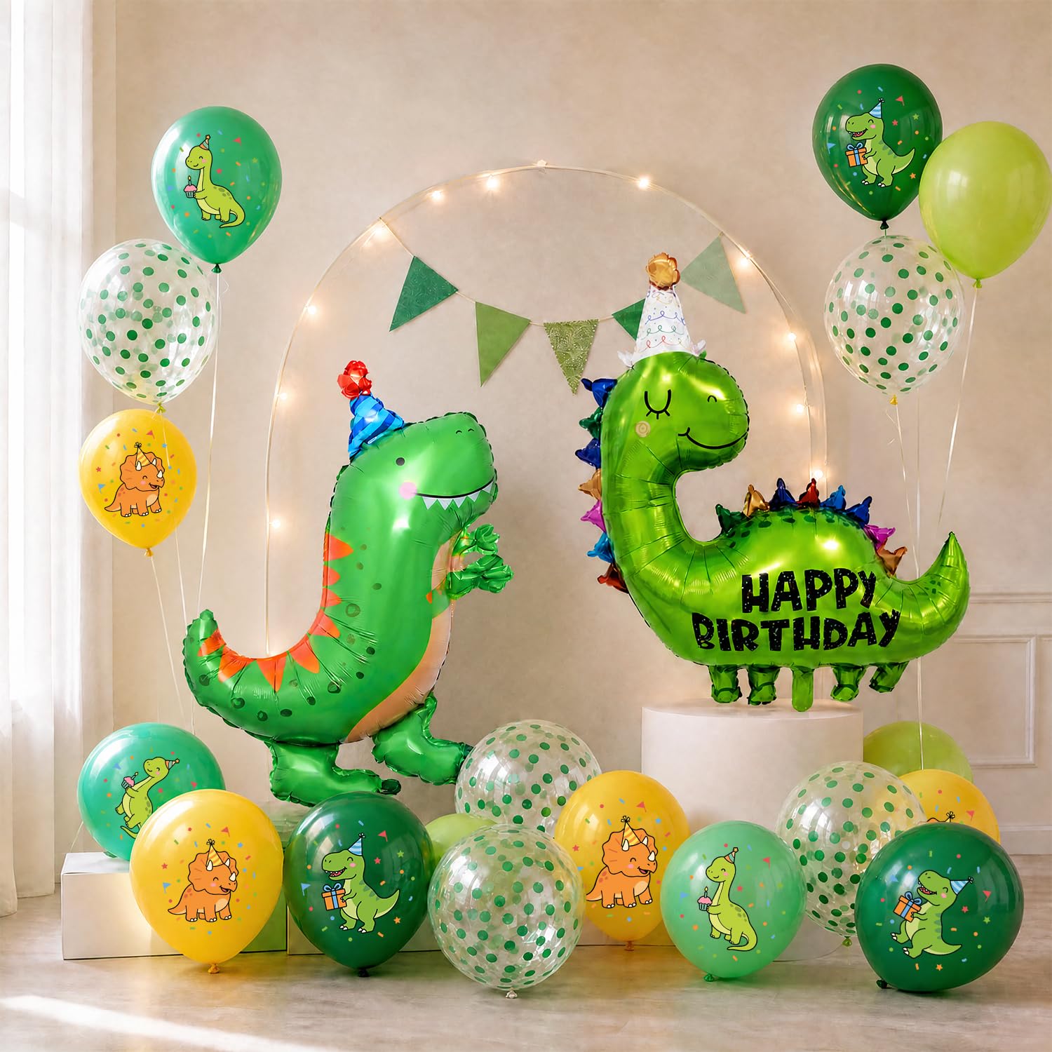 Palloncini Dinosauri Compleanno, Stoviglie per Feste a Tema Dinosauri per Bambini 4 Anni con Palloncini Dinosauro, Candela Numero 4, Decorazione per Torta, Striscione, Tovagliolo, Piatto (16 Ospiti)