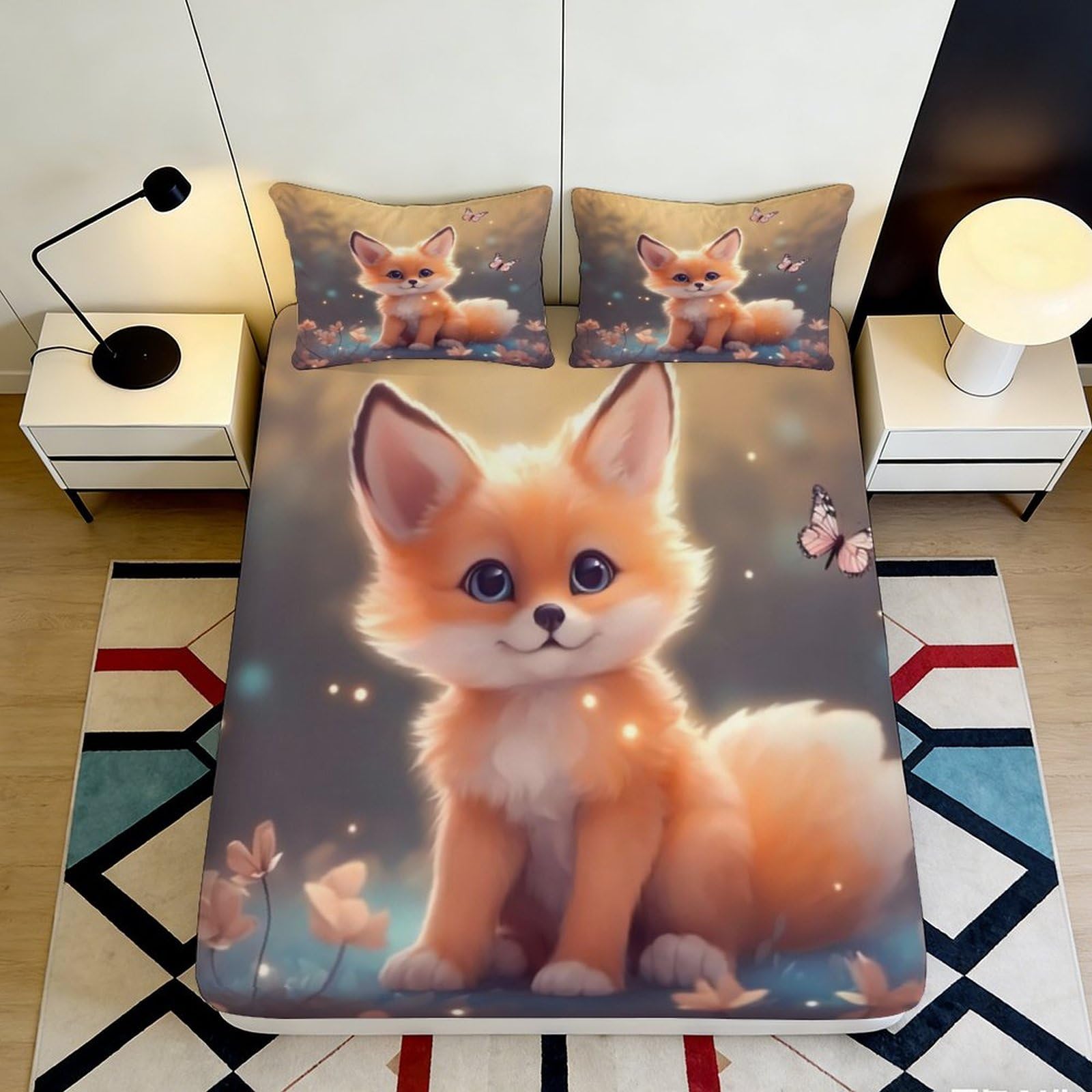 3D Printed Cute Fox Fitted Sheet Microfiber Deep Pocket Non-Slip Bedding Fox Mattress Fitted Cover Washable for Bedroom 200x200x25cm 90x200x25cm