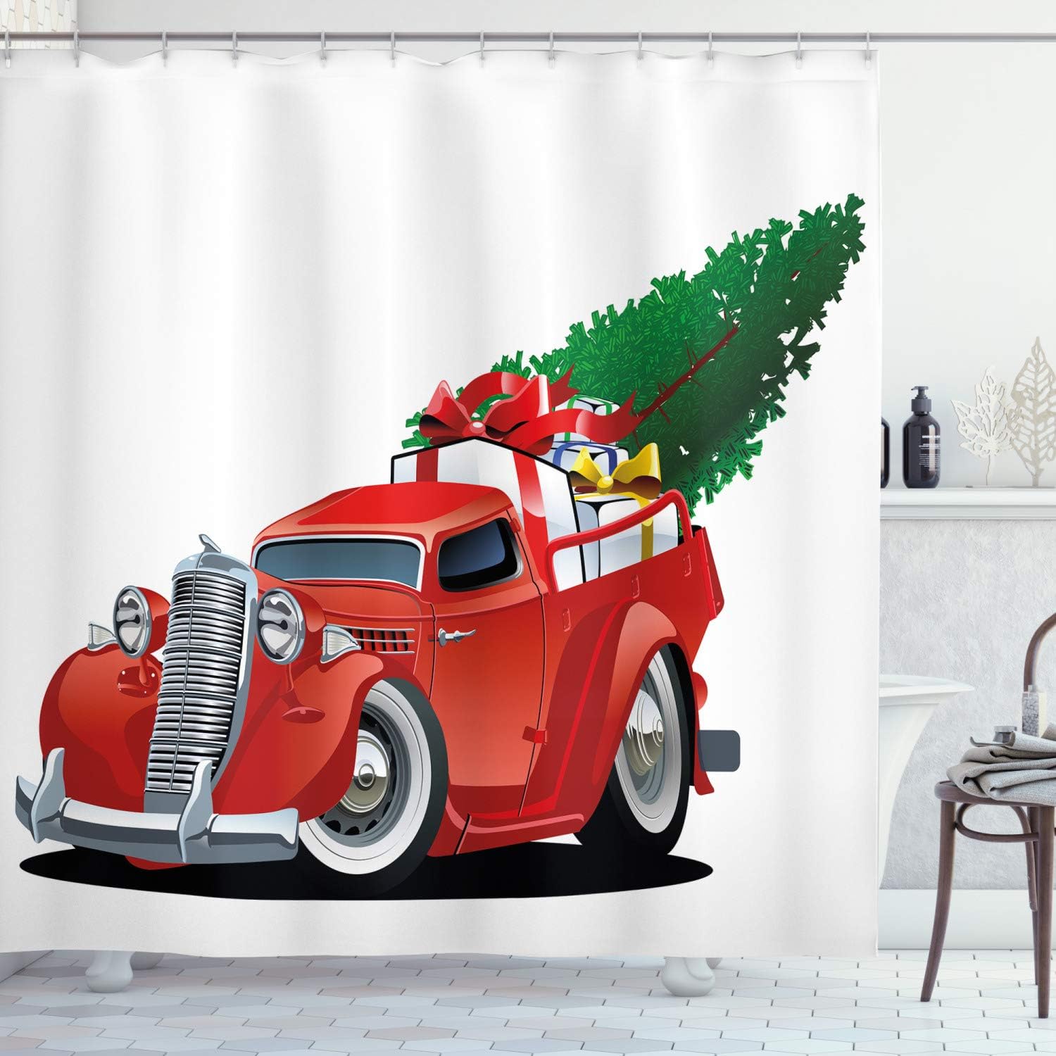Ambesonne Christmas Shower Curtain, Vintage American Truck with Large Xmas Tree and Gift Boxes Pickup Retro Vehicle, Cloth Fabric Bathroom Decor Set with Hooks, 69" W x 84" L, Red White