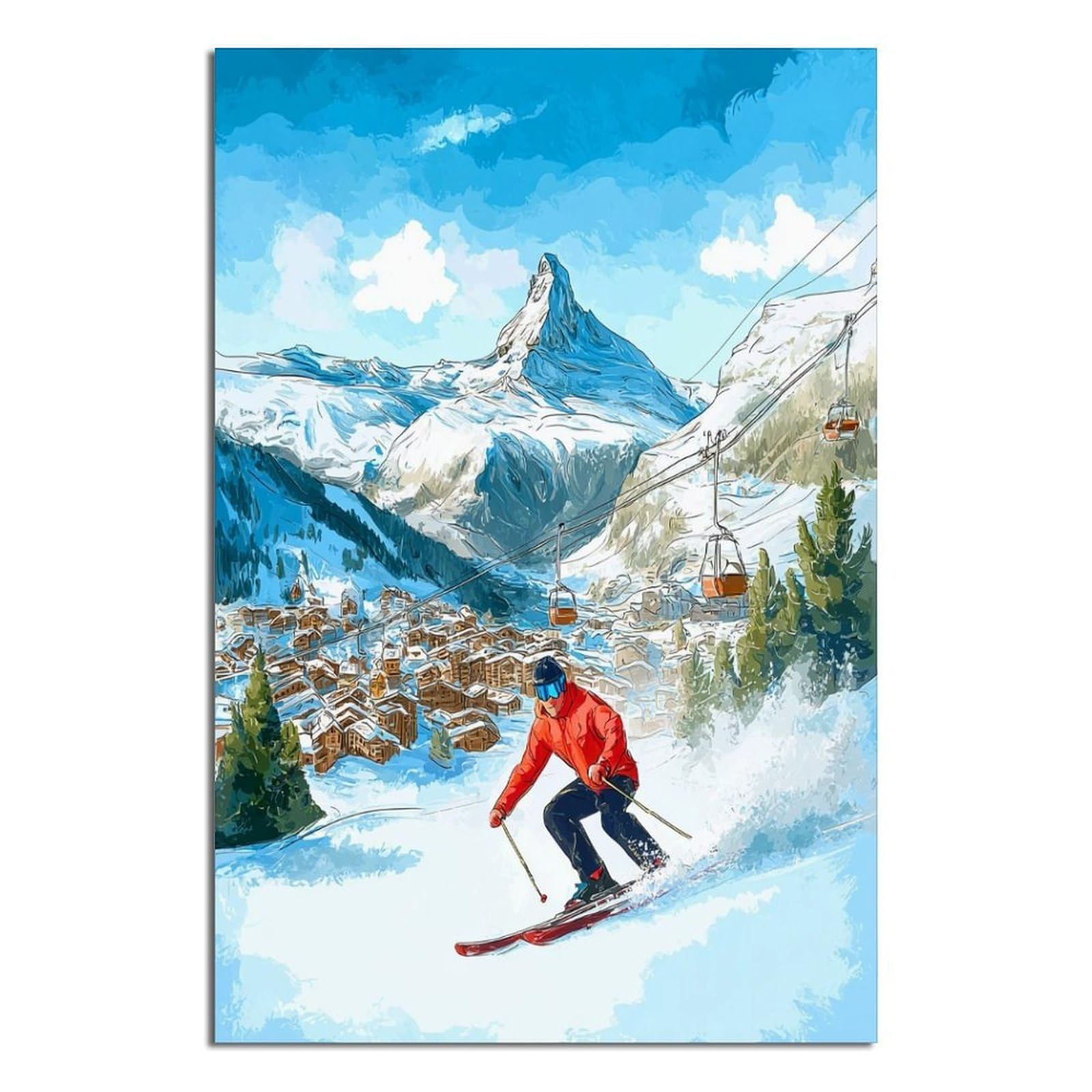 CFXNGA Zermatt Ski Posters 20x30inch(50x75cm) Vintage Watercolor Canvas Art