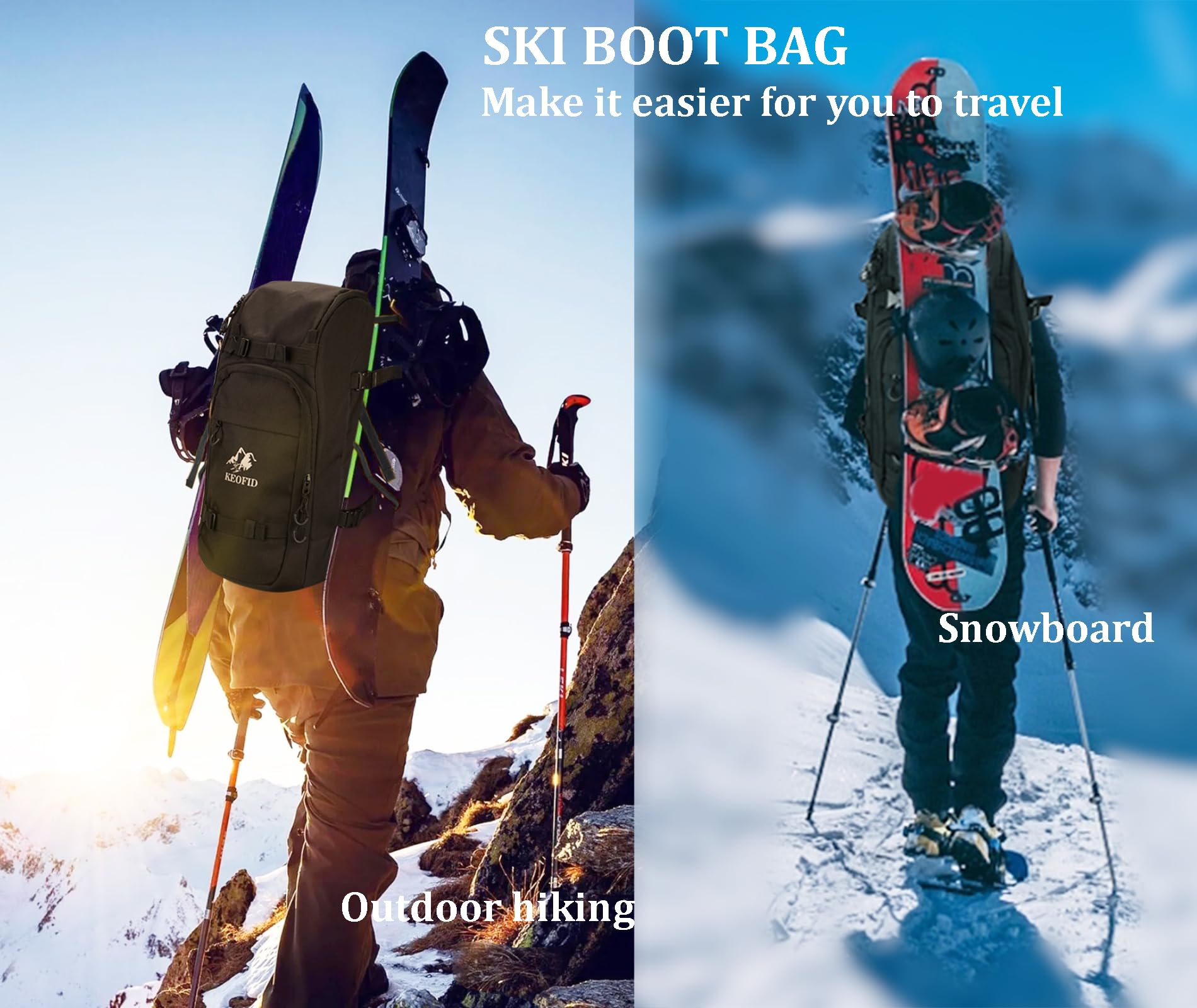KEOFID Sac à Chaussures de Ski pour Homme et Femme, Sac à Dos de Voyage et Sac de Snowboard de 50L