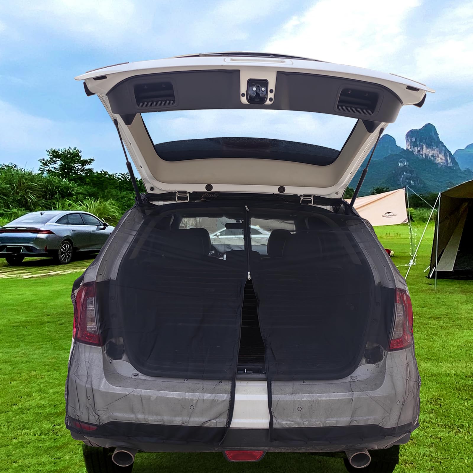 Car Camping Net, Tailgate Mesh Screen, for Fresh Air and Sun Resist Breathable Ventilation Privacy Protection Magnetic Mesh with Two-Way Zipper for Most SUV MPV Camping and Vocation Car