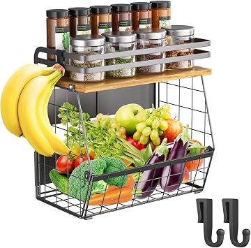 Magnetic Fridge Shelf with Wood Lid Large Capacity Wire Basket Organizer for Spices, Fruit, Onions & Potatoes Mounts on Refrigerator or Sits on Counter & Cabinet, Black