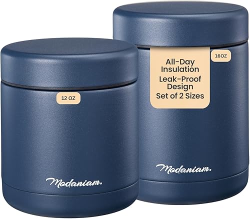 Juego de tarros de alimentos aislados de acero inoxidable (16 onzas + 12 onzas) de boca ancha, recipientes de almuerzo aislados, recipiente de