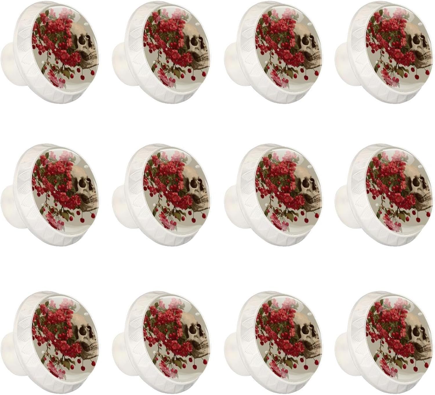Vintage Skull and Flowers Cherry (1) Decorative Cabinet Knobs, Crystal Glass Drawer Knobs with Screws, Furniture Hardware for Kitchen Bathroom Dresser Cupboard Wardrobe