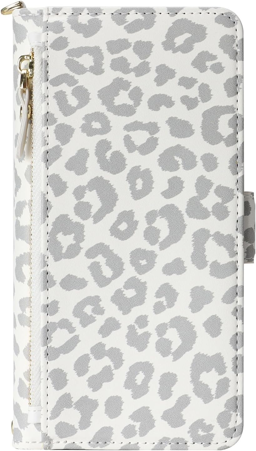 Jaorty for iPhone 16 Pro Max Phone Case Wallet with Crossbody Strap, Shoulder Necklace Lanyard,flip Cover PU Leather, for Women Men, Zipper Pocket, Kickstand, Card Holder, 6.9" White Leopard