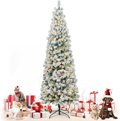 Fencer Wire Árbol de Navidad artificial preiluminado de 7.5 pies con 980 puntas de ramas prearticuladas y soporte plegable, árbol de Navidad delgado