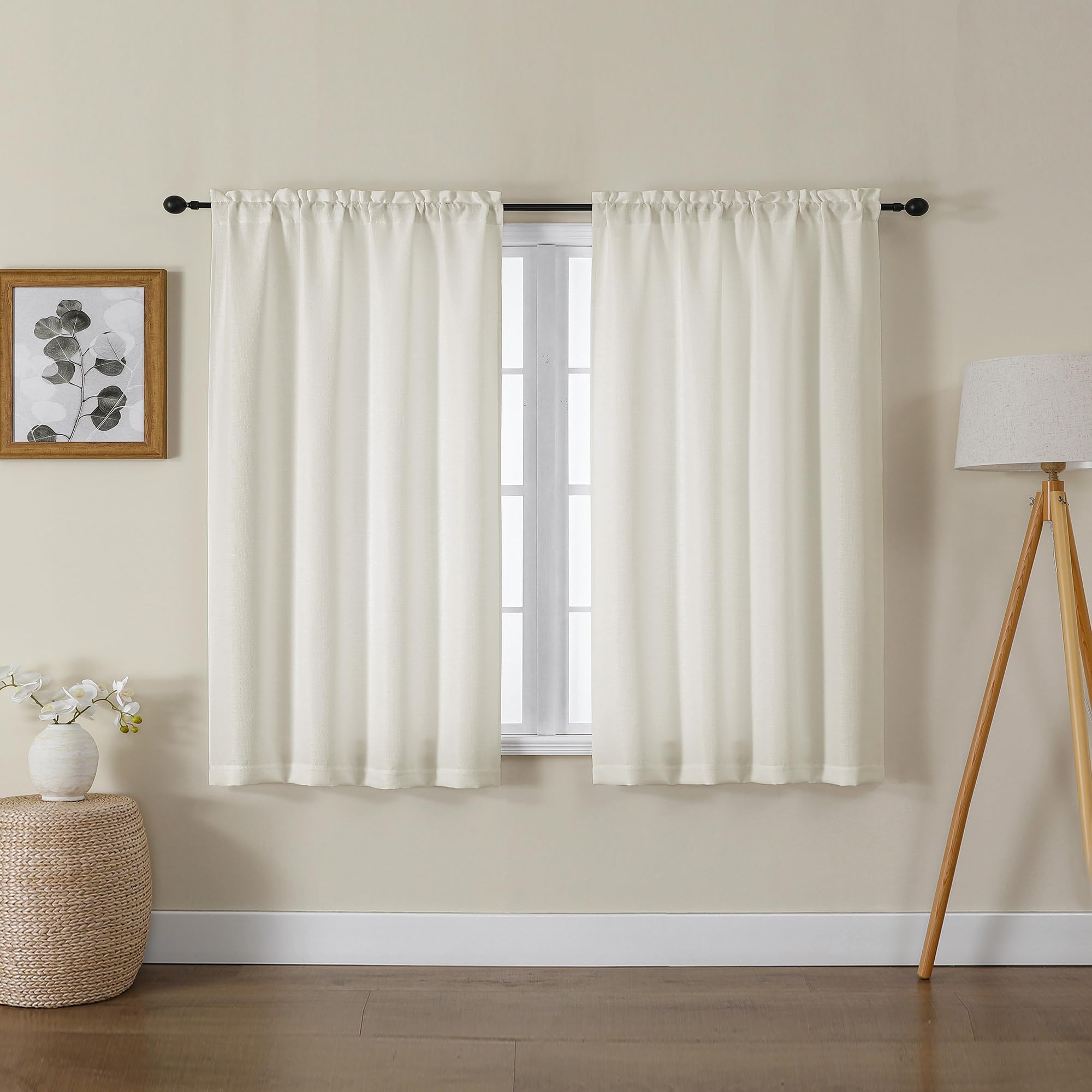 Lecloud Bessie Ivory Short Curtains 45 Inch Length 2 Panels, Light Filtering Faux Linen Textured Curtains, Rustic Yellowish Curtain for Bedroom