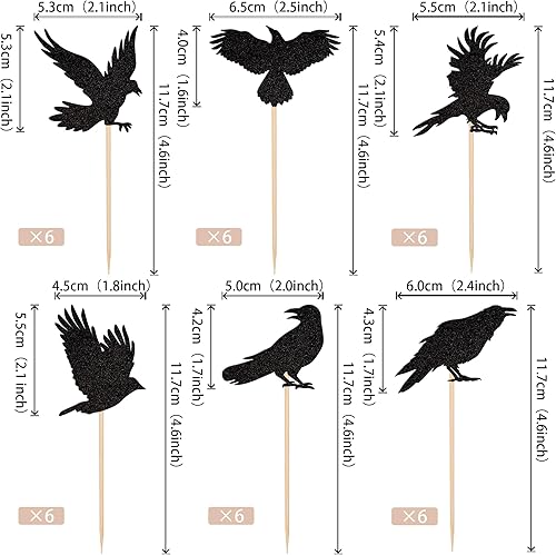 Miniatura 2 de 24 piezas de decoración de cuervo negro para cupcakes con purpurina de cuervo de Halloween para cuervo de terror temática de Halloween, fiesta de