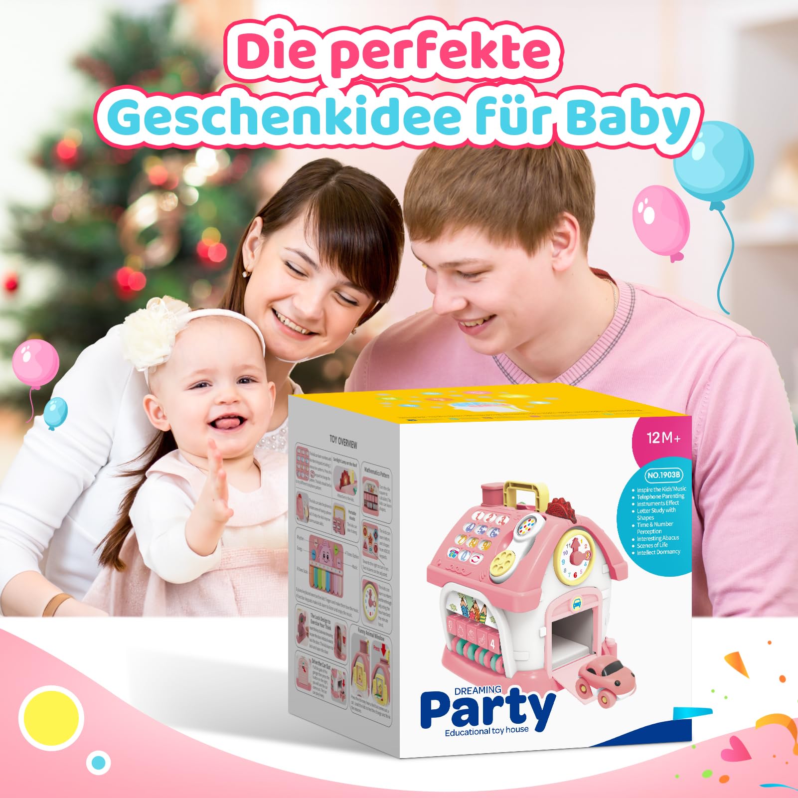 Spielzeug ab 1 2 3 Jahre Mädchen: Montessori Spielzeug ab 1 Jahr, 6 in 1 Multi-Funktions-Haus Baby-Spielzeug mit Musik, Uhr, Licht, Telefon, Auto, Geburtstag Geschenk für Mädchen 1-3 Jahre (Rosa)