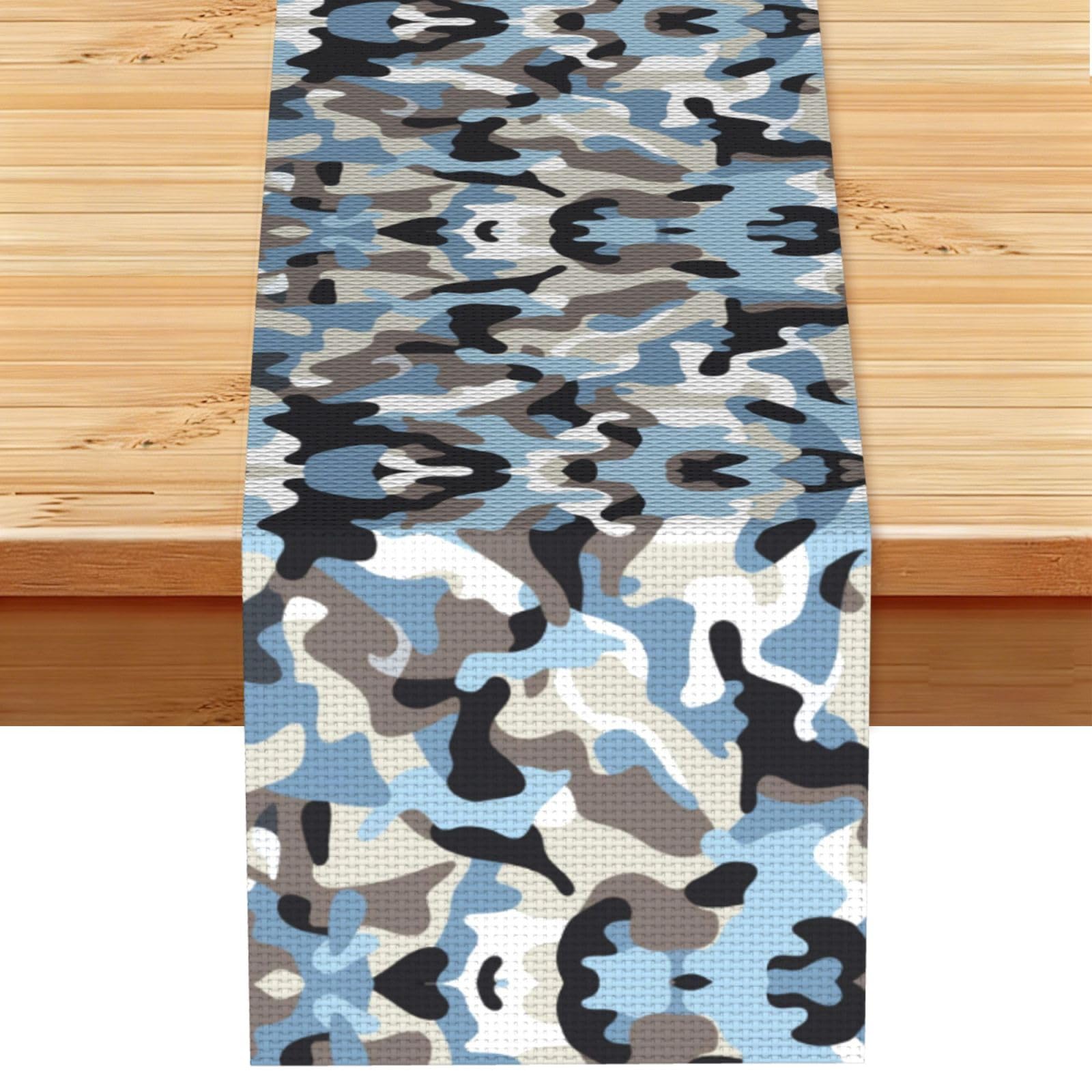 Cool Blue Grey Camo Printed Table Runner 13 x 72, Wrinkle Resistant Decor for Dining Table Coffee Table Fireplace