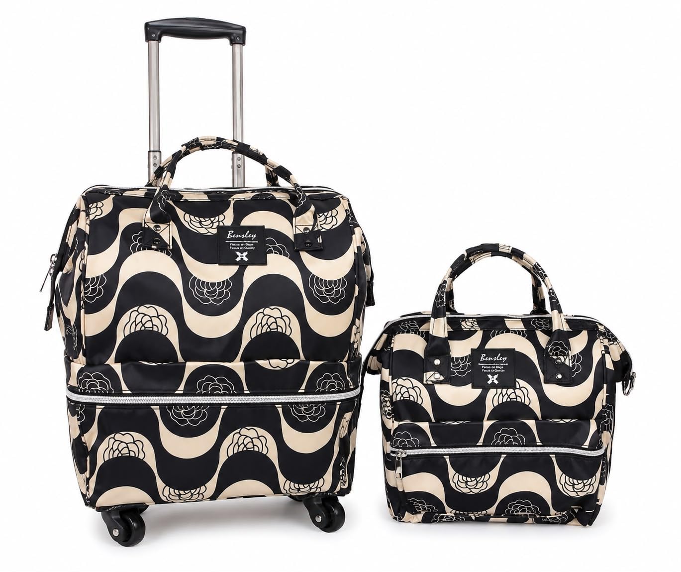 Trolley Backpack with Matching Travel Small Bag, Lightweight Airline Approved with Telescopic Handle, Front Zip Pocket, Best for Weekend & Business Travel (2-Piece Set) (Black line Printed)-image-45