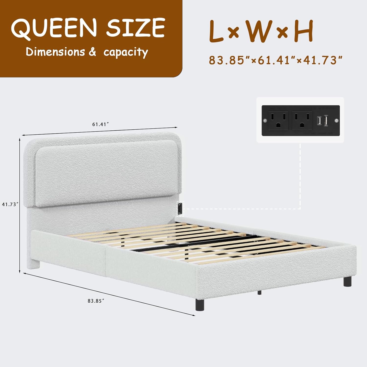 Queen Size Boucle Bed Frame, Adjustable Rounded Corners Headboard with LED Lights, Upholstered Teddy Fabric Bed Frame with Charging Station, No Box Spring Required, Easy Assembly, Beige