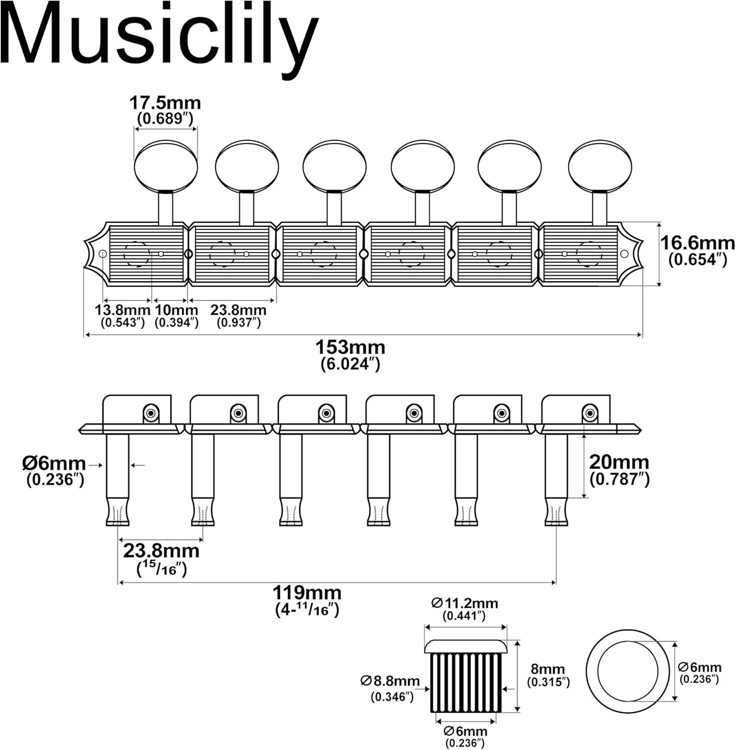Musiclily Pro R18T Left-Handed 6-in-line 18:1 Ratio Semi Closed Vintage Machine Heads Tuners with Vintage Oval Button Split Shaft for Fender Squier Strat Tele Style Electric Guitar, Nickel