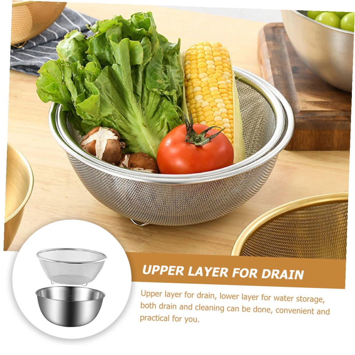 Colador de Alimentos y Escurridor de Arroz Inoxidable, Cesta de Drenaje Rápida y Resistente, Juego 2 Piezas, Apto para Frutas y Verduras en Cocina Doméstica