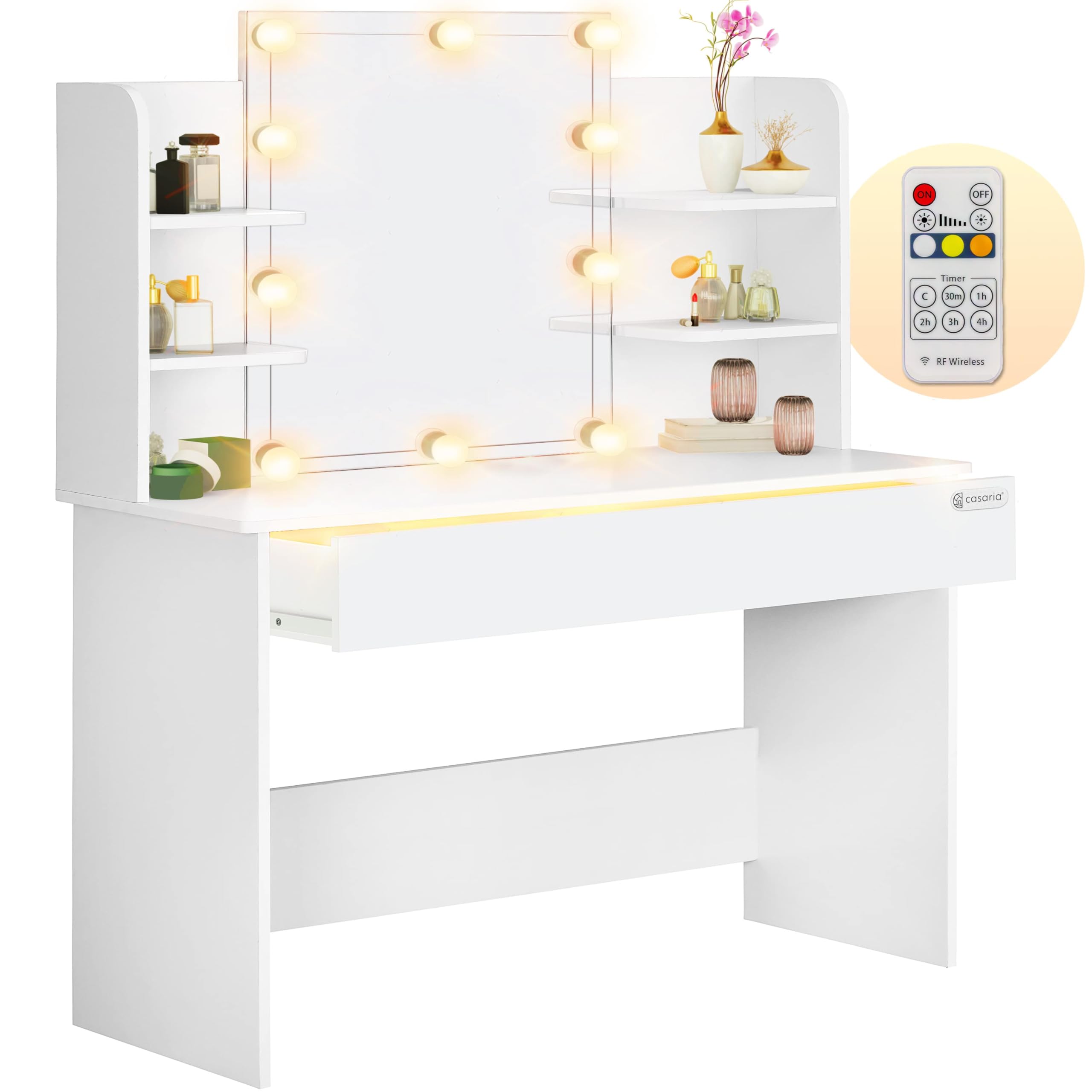 Casaria® Schminktisch mit LED Beleuchtung und Spiegel | 110x40cm, Holz, Frisiertisch, Kosmetiktisch, 10 Glühbirnen, Fernbedienung, Schublade, Organizer, 4 Ablagen, Vanity Desk
